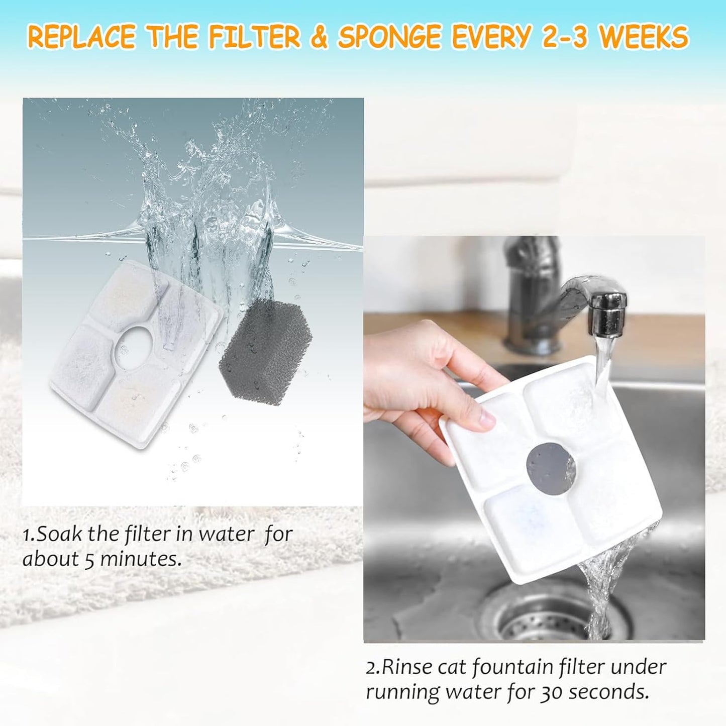 16 Pack Replacement Filters & 16 Pack Pre-Filter Sponges for Veken 84 oz / 2.5L Automatic Pet Water Fountain, Triple Filtration Cat Fountain Replacement Filter