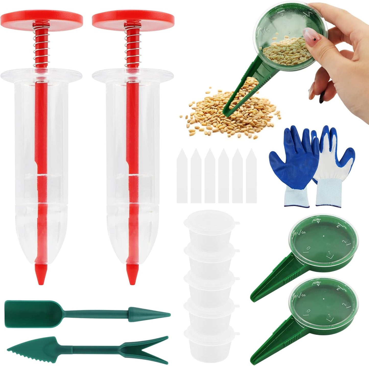7 Piece Mini Seed Spreader Tool Set - Garden Planting Equipment with Hand Seed Dispenser Tools, Dibber Widger, Gloves for Small Seeds, Carrots, Lettuce, Herbs