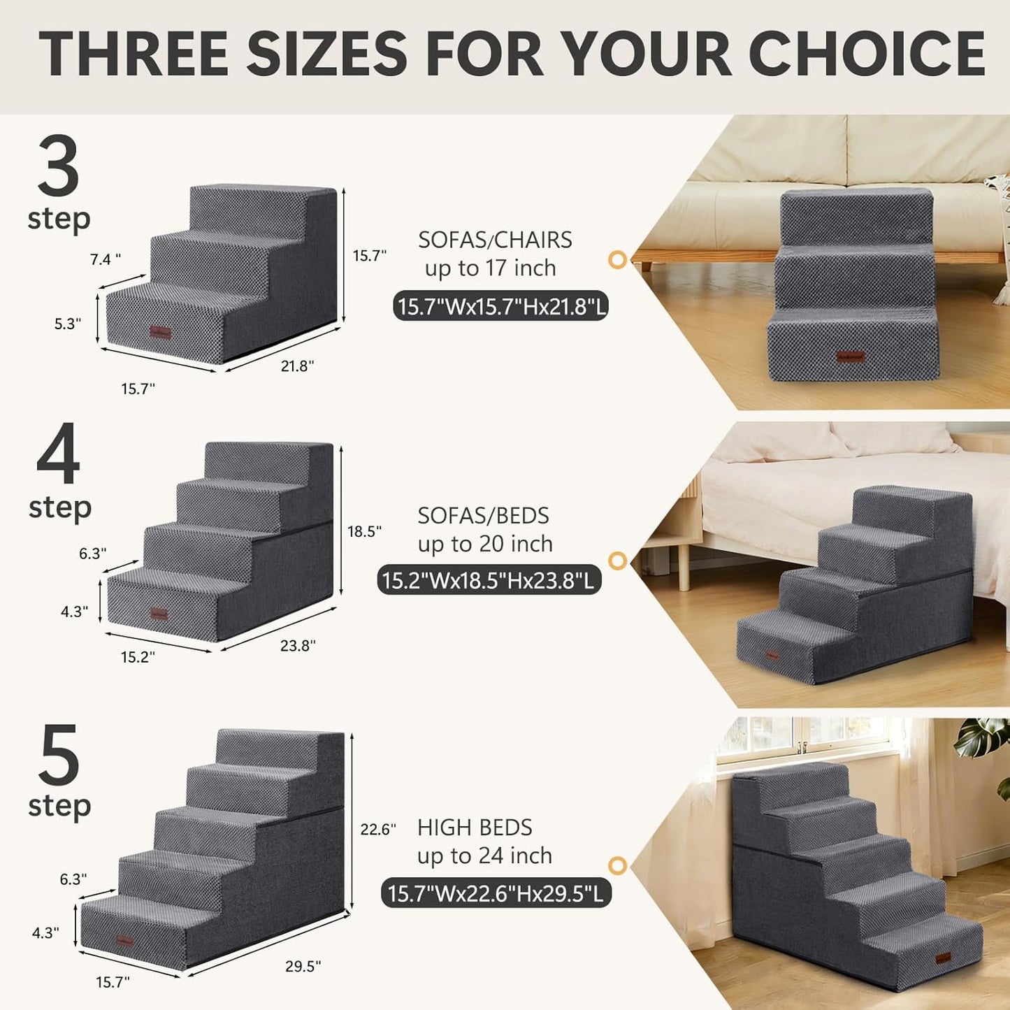 Dog Stairs for Small Dogs, 3-Step Wider Pet Stairs for Couch and Beds, Non-Slip Dog Steps for Old Cats, Puppy, Small Medium Dogs,15.7" H,Grey