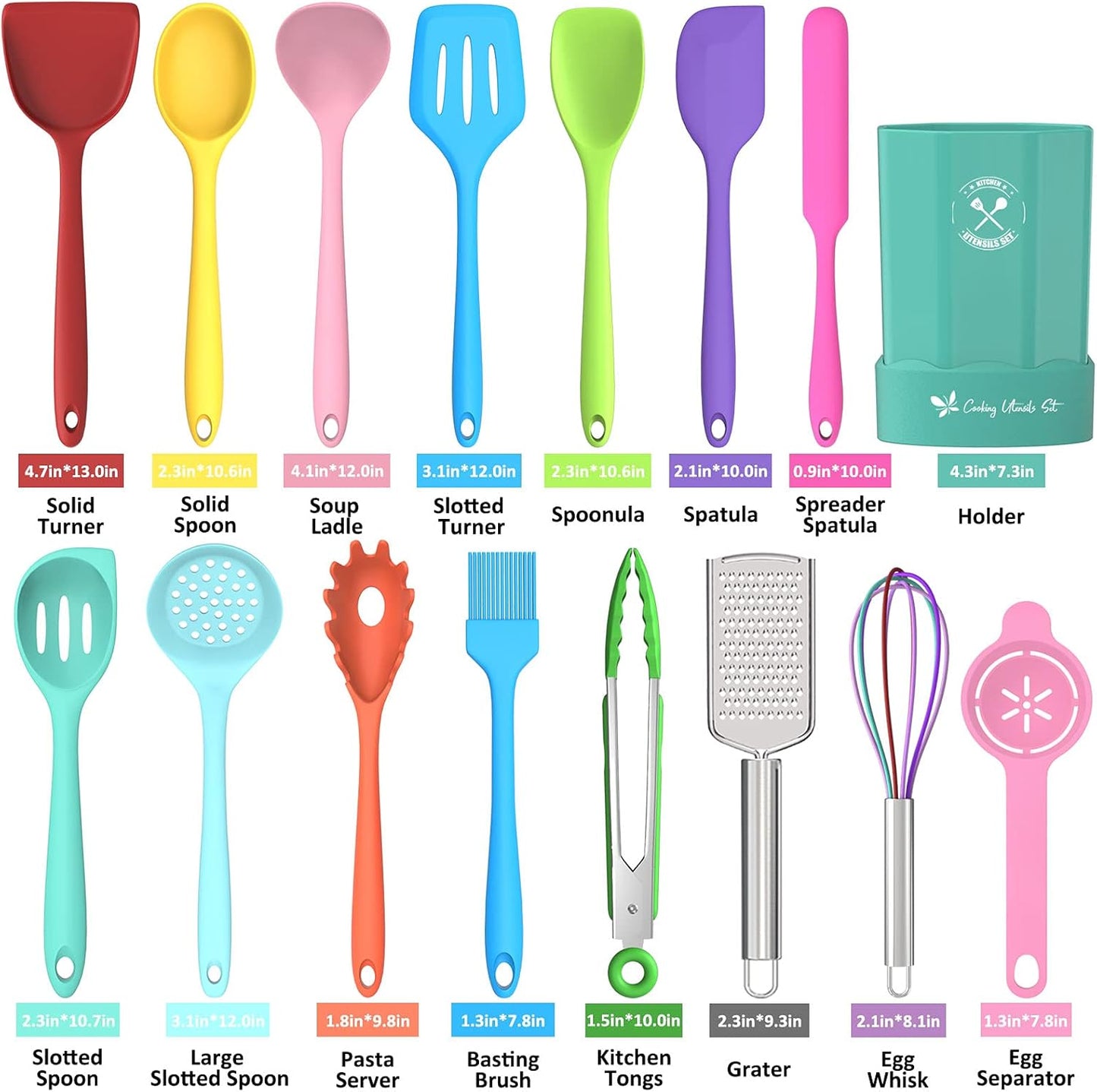 Silicone Kitchen Utensils Set, 16-Piece Silicone Cooking Utensils by Deedro, Heat Resistant Kitchen Tools Set with Holder, Nonstick Spatula Kitchen Gadgets for Cooking & Baking, Colorful