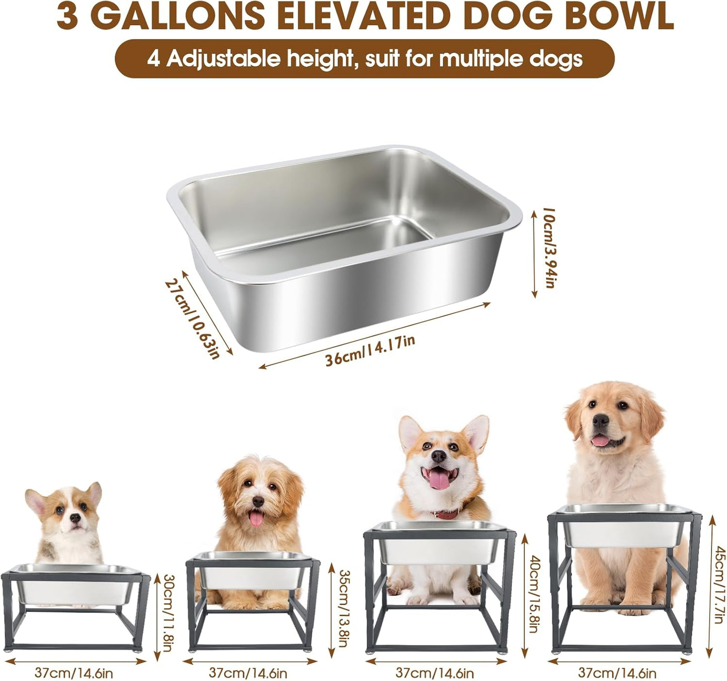 Elevated Dog Water Bowl 3 Gallons, 4 Height Adjustable Raised Dog Bowl Stand, Non-Slip, Stainless Steel Food & Water Feeding Bowls for Large Breed
