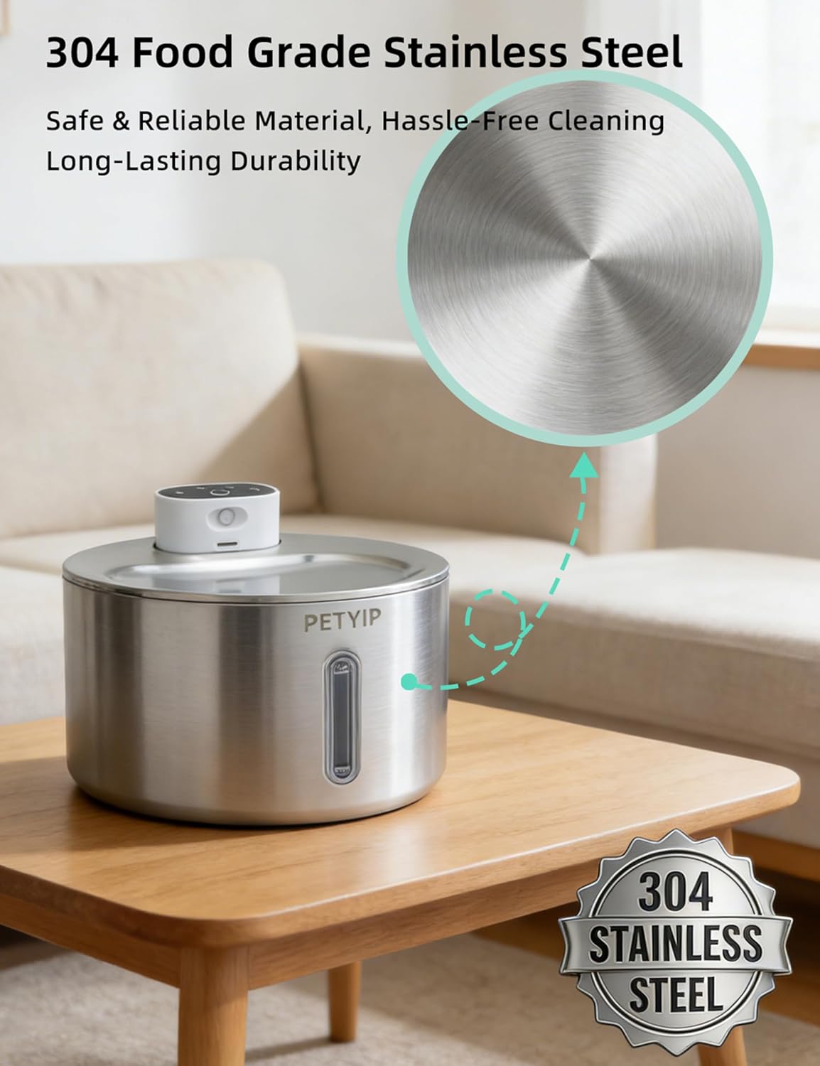 Cat Water Fountain Stainless Steel,135 Fl Oz/4L Wireless Automatic Cat Water Dispenser,5000mAh Battery Powered,for Cats & Dogs Indoor (Cat Fountain + 7 Set Filter)