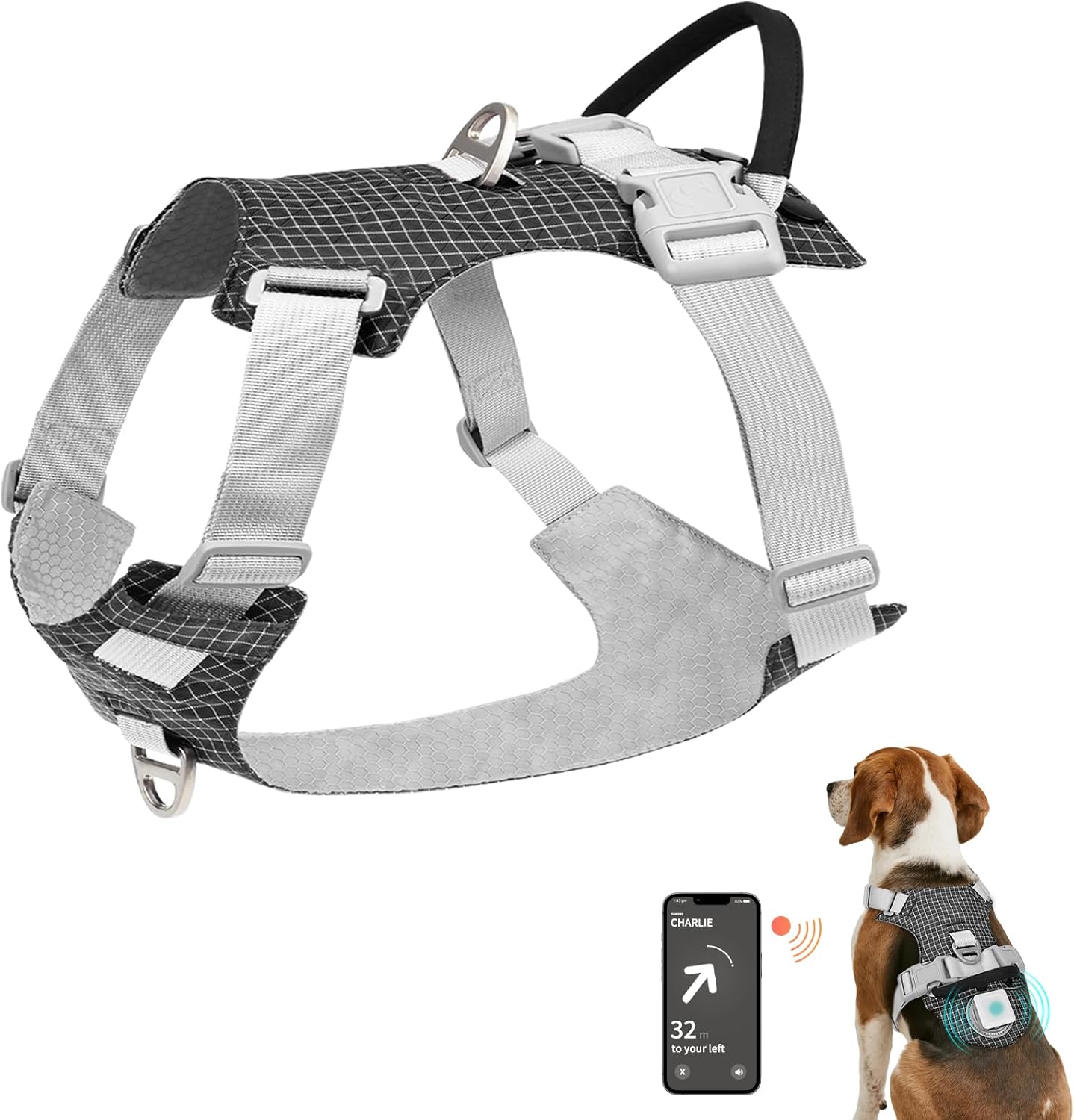 Joytale No Pull Dog Harness with AirTag Holder, Soft Night Safety Light up Dog Harness with Control Handle and 2 Clips, Adjustable Lightweight Dog Vest for Large Sized Pet Everyday Use, Black, L