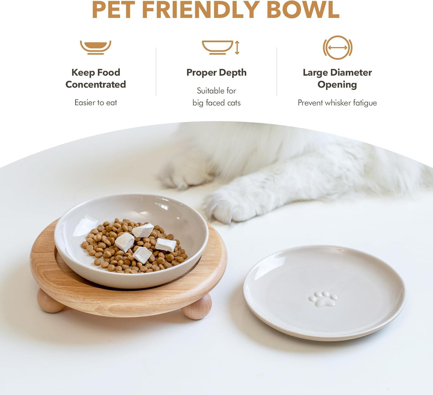 Raised Ceramic Wide Whisker Friendly Cat Dishes, Food&Water Bowl with 2 Style Stand Adjustable Pet Bowl Set(1Dish+1Shallow Dish+Stand