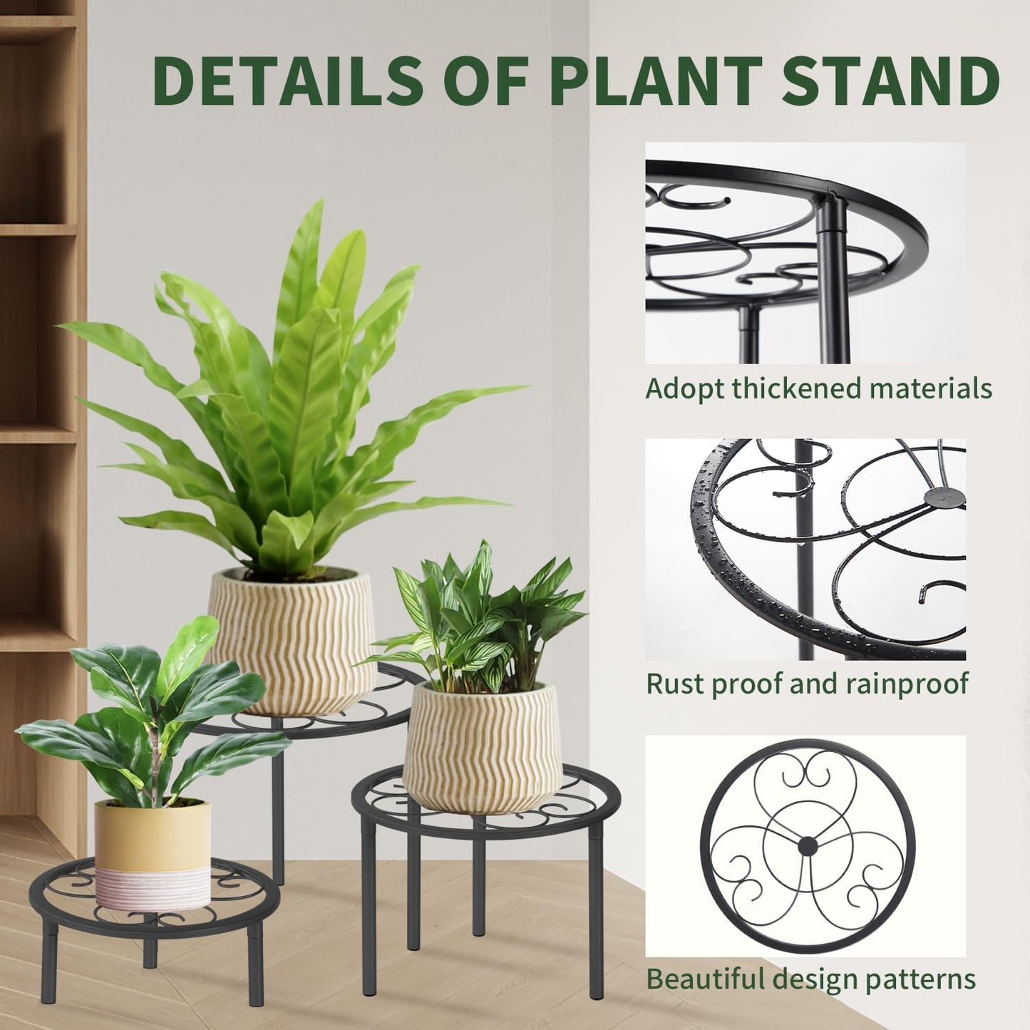 5-piece set of metal plant potted flower racks, heavy-duty flower pot plant racks of different sizes, iron flower racks, suitable for indoor and outdoor home decoration (Black) (5, Black)