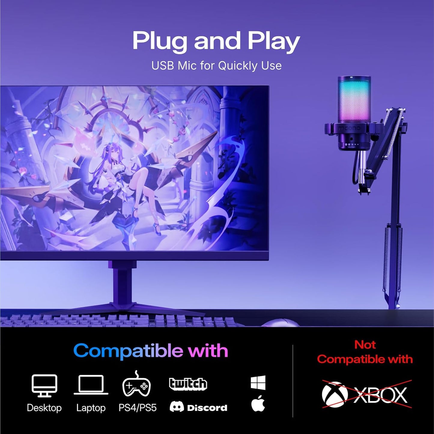 MAONO Gaming USB Microphone, Noise Cancellation Condenser Mic with Mute, Gain, Monitoring, Boom Arm Mic for Streaming, Podcast, Twitch, YouTube, Discord, PC, Computer, PS4, PS5, Mac, GamerWave DGM20S