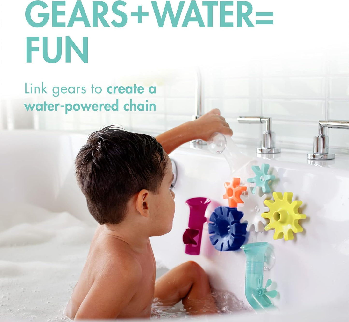 Boon Cogs Baby Bath Toys - Spinning Gear Themed Sensory Baby Toys for Bathtub - Suction Toys for Bathtub Walls - Navy and Yellow - 5 Count - Ages 12 Months and Up