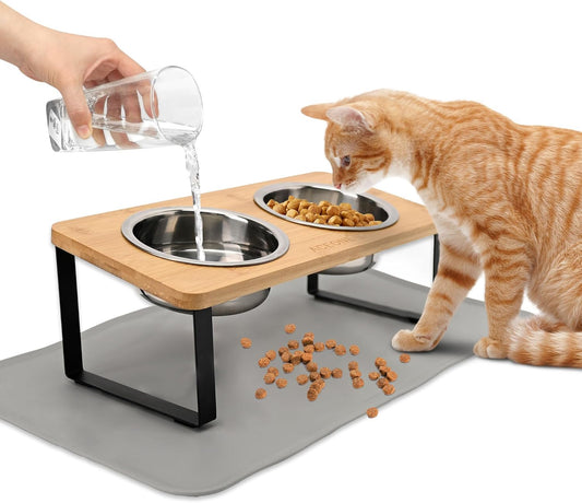 Elevated Cat Bowls with Non Slip Mat, ACEONE 15° Tilted Raised Anti Vomit Cat Feeder for Food and Water, Pet Feeding Station with 2 Stainless Steel Bowls(M Bowl)