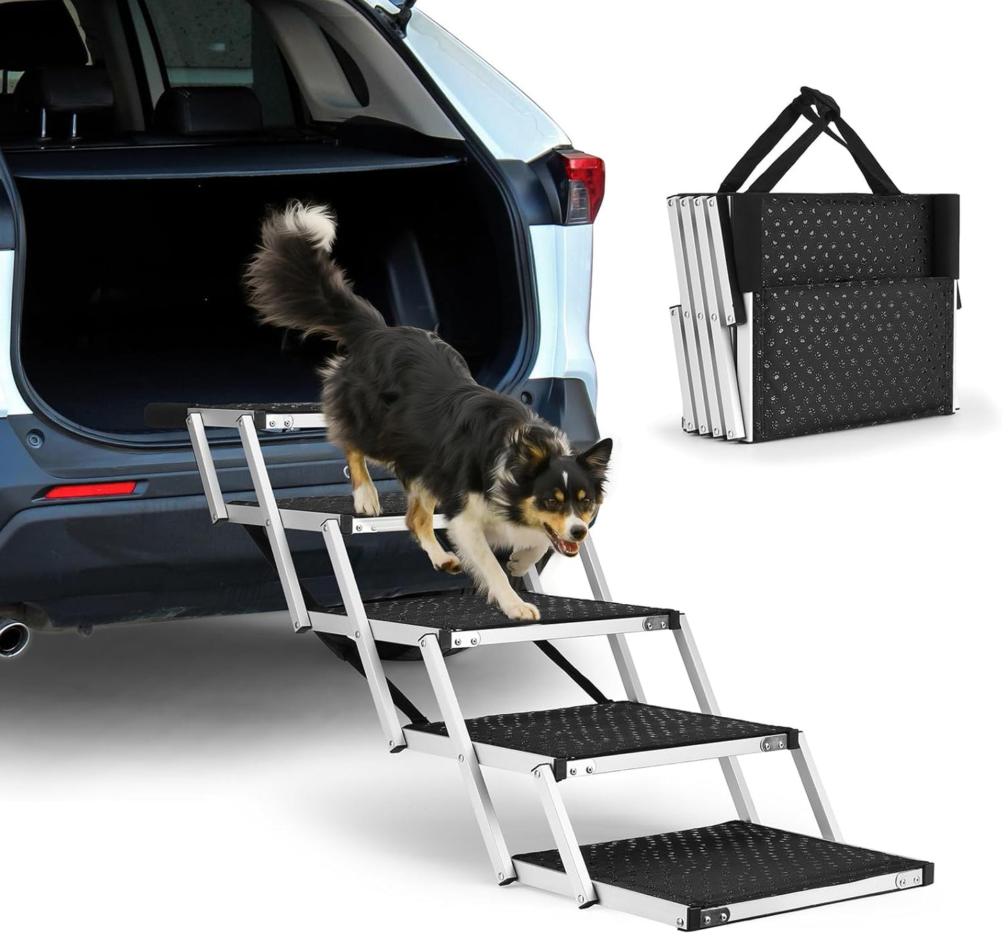 Car Ramp for Dogs – Adjustable Foldable Dog Ramp for Cars, Trucks & SUVs | Non-Slip Rug Surface, Supports Small/Large Dogs Up to 250 lbs | 5-Step
