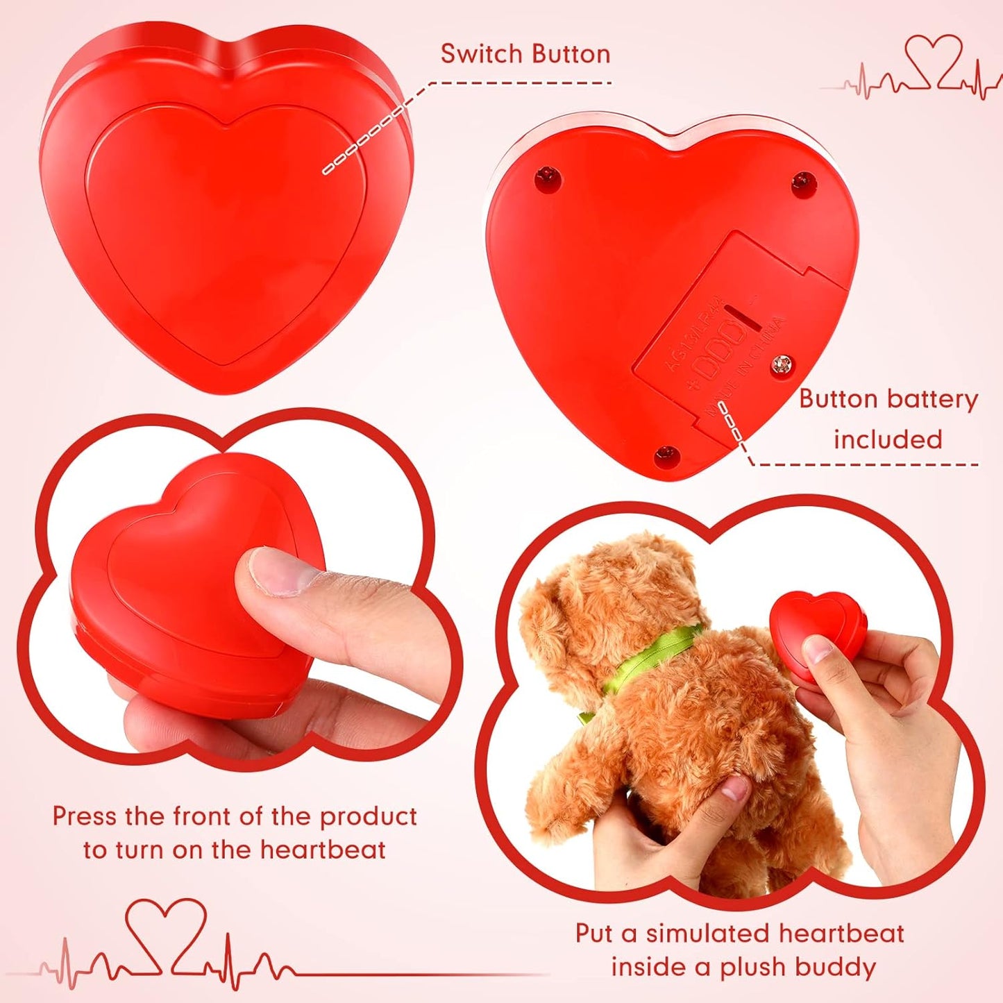 Lenwen 2 Pcs Heartbeat Replacement Soother Heartbeat Simulator Red Puppy Heartbeat for Puppy Sleep Aid Replacement Pulsing Heartbeat for Pets Cats Dog Anxiety Relief Sleep Aid Calming Plush Toys
