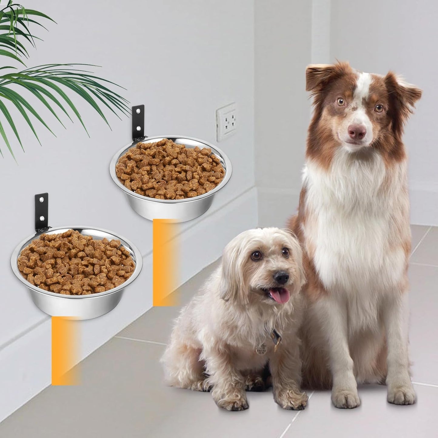 2 Pcs Wall Mounted Dog Bowl, Wall Mounted Pet Feeding Bowls, Elevated Pets Bowls, Adjustable Heights Hanging Stainless Steel Dog Food and Water Bowl with Collapsible Stand Holder