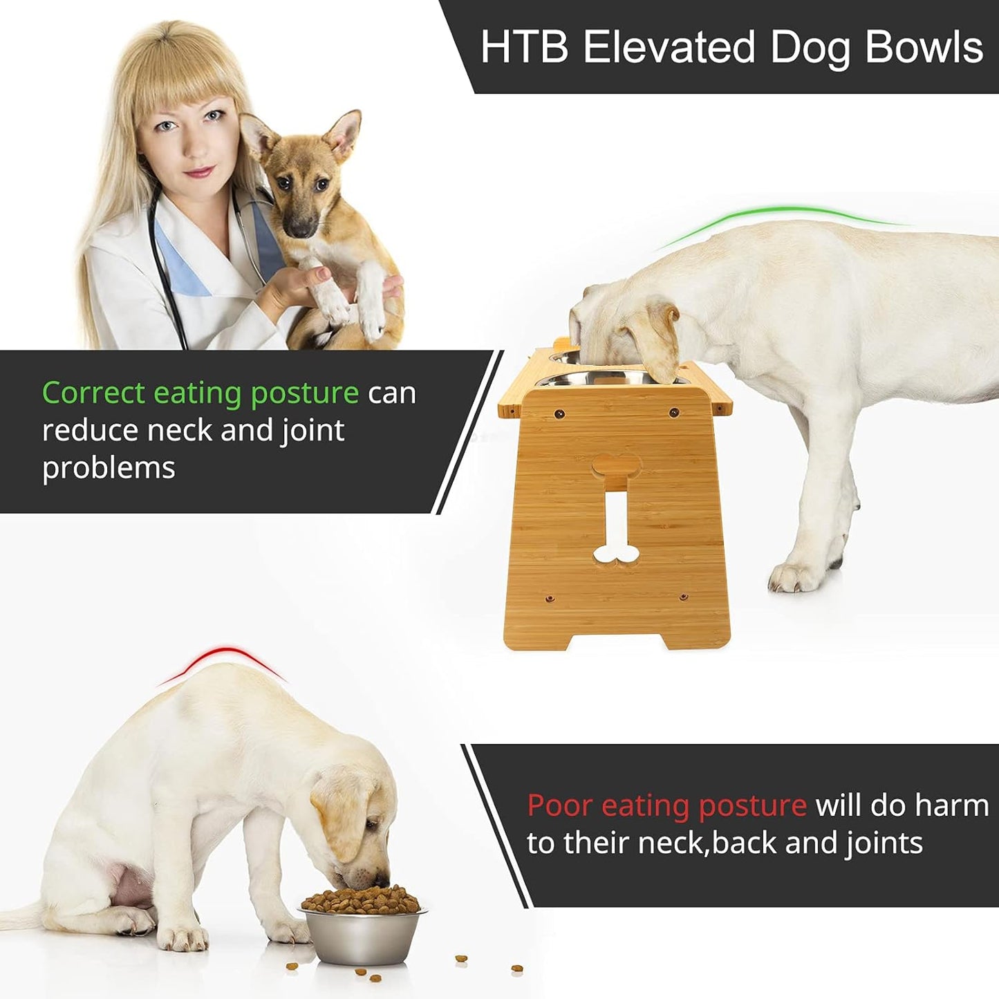 HTB Elevated Dog Bowls, Adjustable Pet Bowl Stand (Bamboo, 2 in 1-6.5'' or 11.8'')