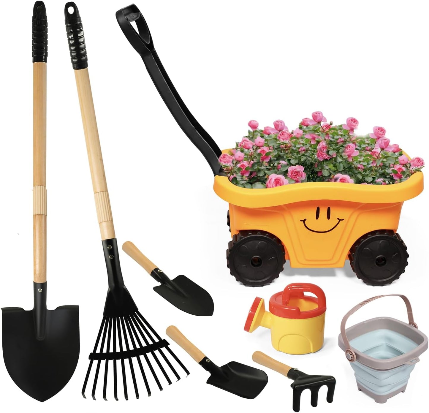 Toddlers Rake & Shovel Set with Wheelbarrow, Kids Yard Tools for Digging, Gardening, Beach, Sandbox, Lawn, Camping, Summer Outdoor Garden Toys Gifts for Children Age 2-5 Years Old