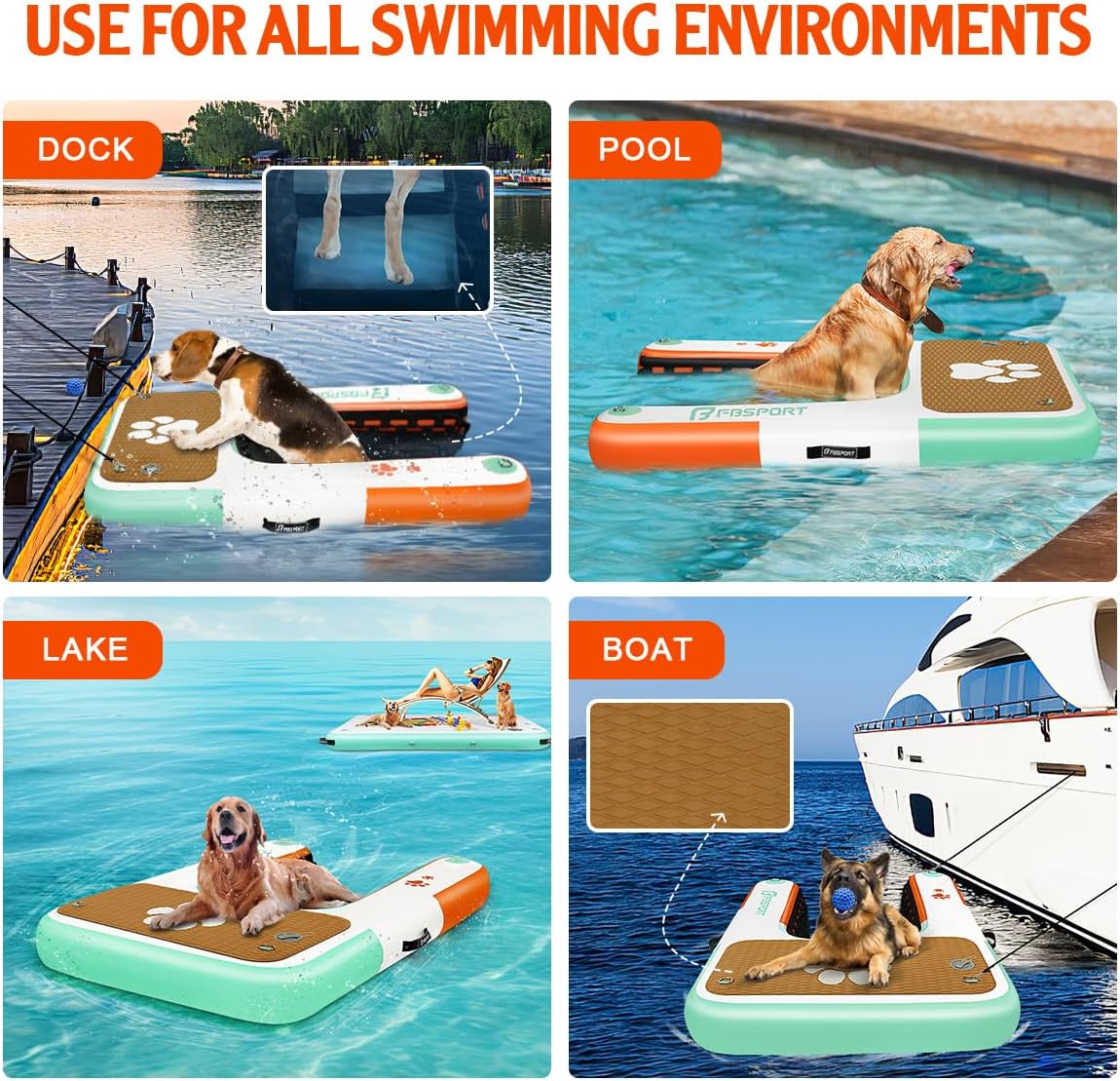 FBSPORT Inflatable Dog Boat Ramp Floating Dock Water Ladder for Pool, Boat, Non-Slip EVA Floating Ladder Pool Ramp for Dog Up to 220 LBs, Safe & Easy Access