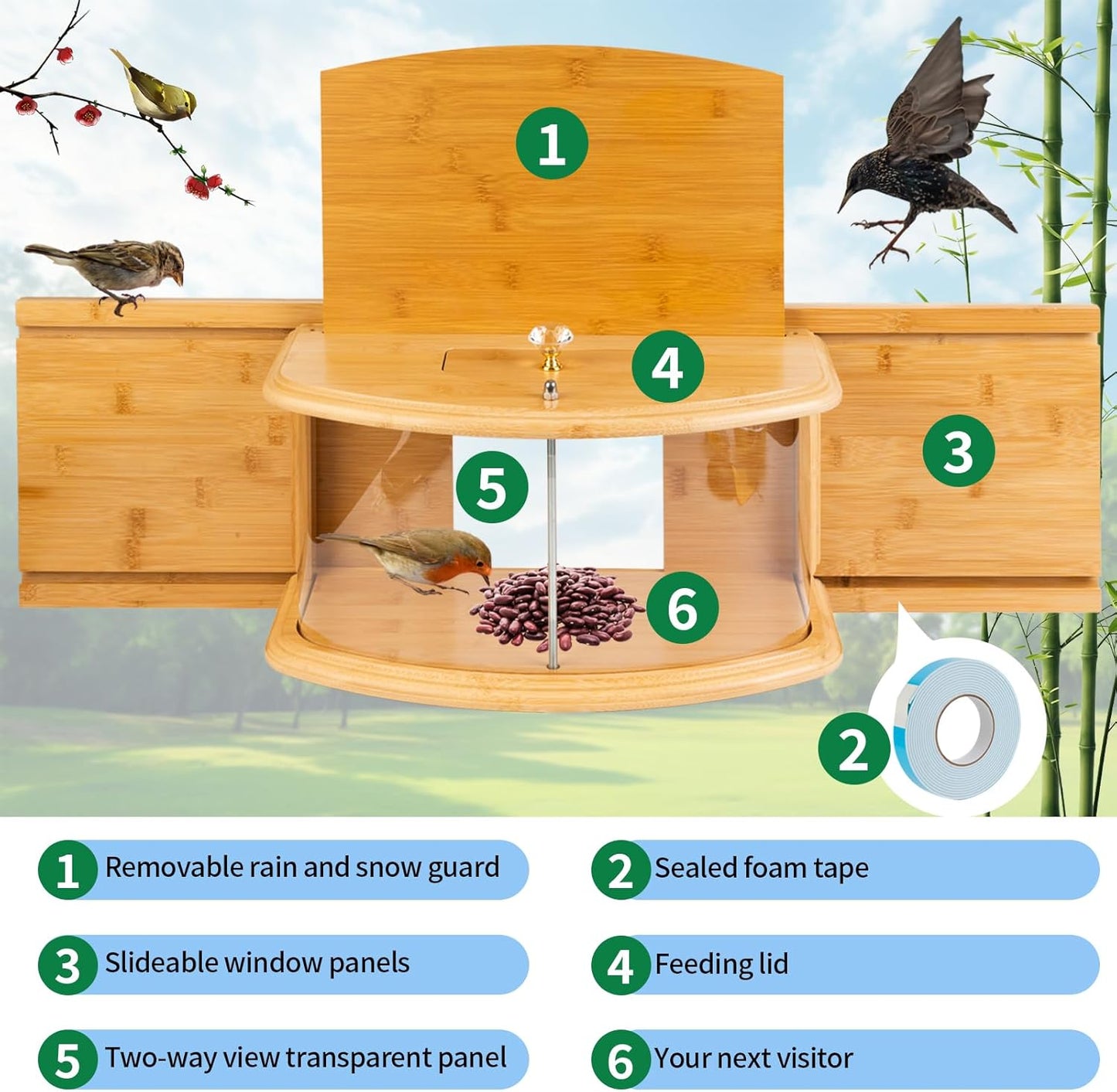 Window Bird Feeder Birdwatching Indoors,180° Ultimate Clear View Wild Bird Feeder Brings Nature's Beauty to Your Home/Office Hanging Bird Feeder House Bamboo Nature