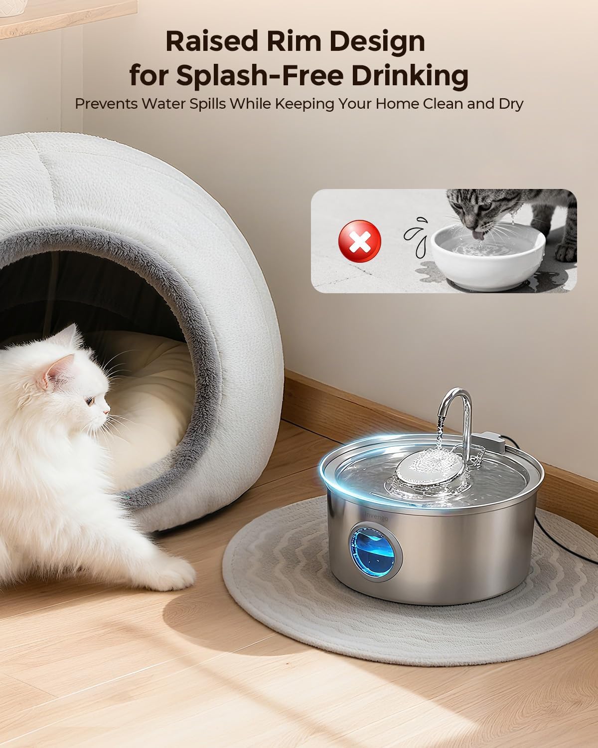Cat Water Fountain Stainless Steel, 108oz/3.2L Pet Fountain with Large Water Level Window, Ultra Quiet Automatic Cat Water Dispenser for Cats and Dogs, 2 Flow Modes, Splash-Proof Design