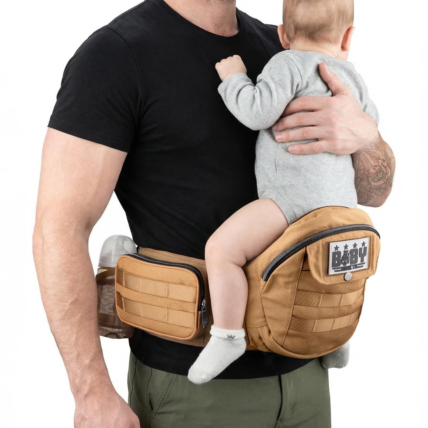 Dinictis Baby Hip Carrier for Dad, Ergonomic Tactical Waist Carrier with Hip Seat for Newborn to Toddler (Up to 45 lbs), Adjustable Wide Waistband, Molle Webbing & Multiple Pockets, Coyote Brown