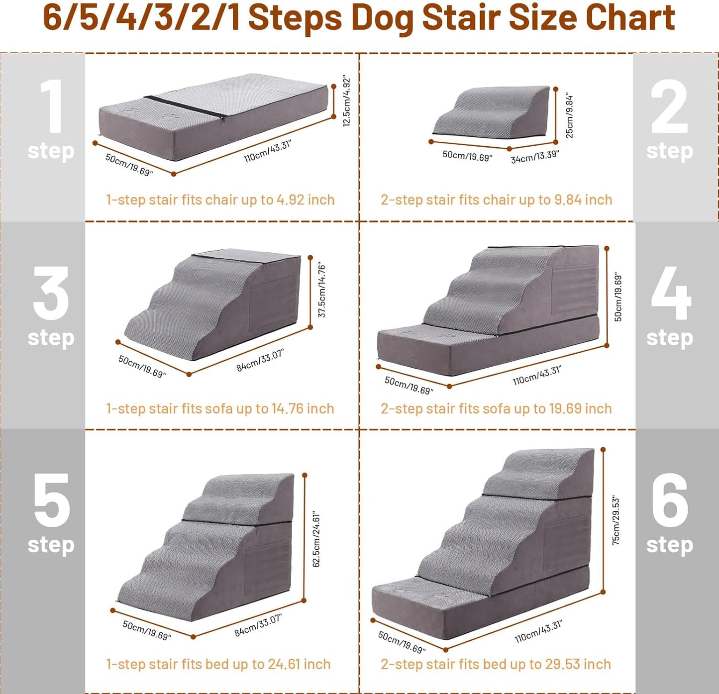 Large Dog Stairs – Extra Large Dog Steps for Bed, Couch & Car, 6-Step Pet Steps for Puppies & Senior Dogs, Pet Stairs with Washable Cover, Side Pockets, Non-Slip Bottom, 43.3" L x 19.7" W Grey