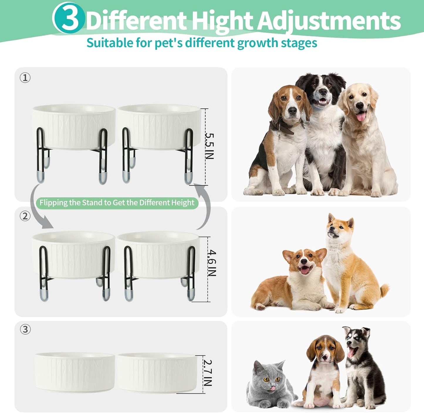 OMAYKEY 32 oz Ceramic Dog Cat Bowls with Elevated Metal Stand, 6.5 Inch Ceramic Round Pet Food and Water Feeder Bowl Dish for Cats & Dogs, White, Set of 2
