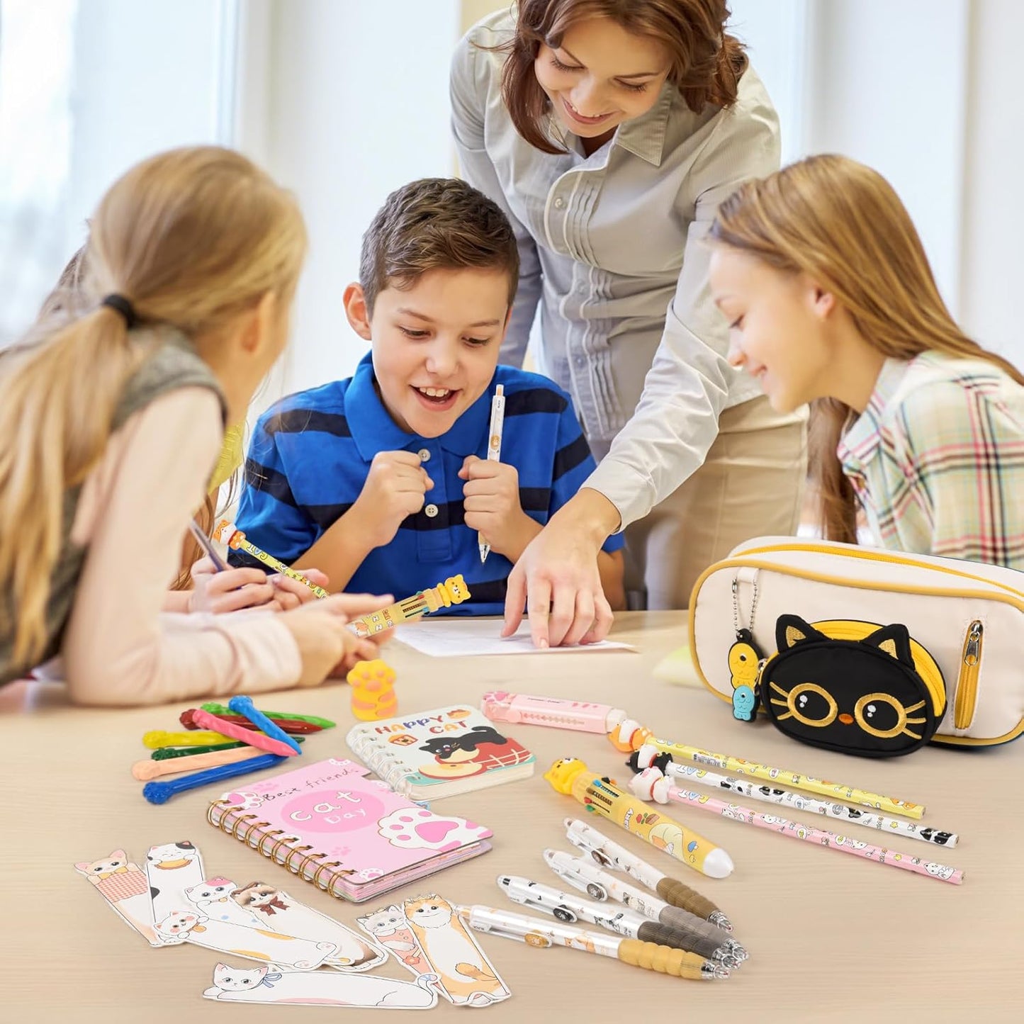58 Pcs Cute Cartoon Cat Stationery Set Cat Lover Gifts Christmas Gifts for Boys Girls with Cat Ballpoint Pen, Gel Pens,for Birthday Gifts,School Office Classroom Supplies.