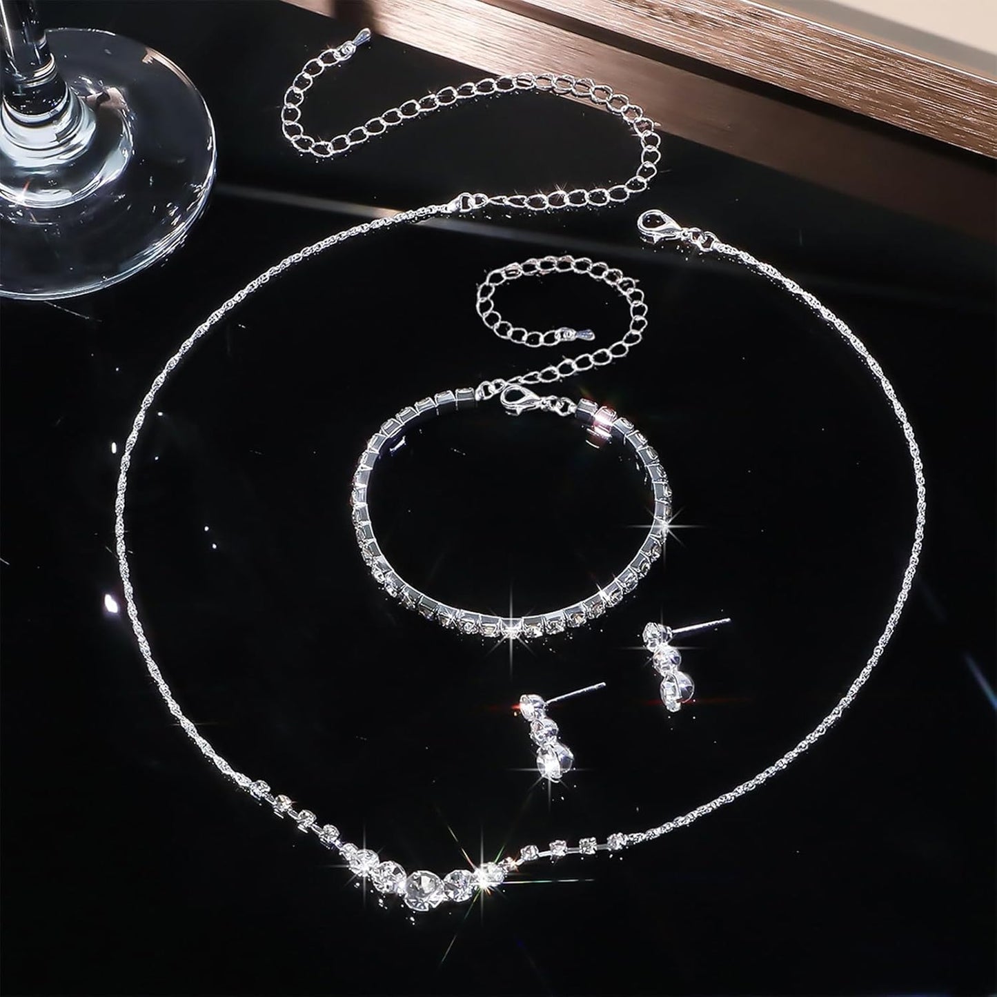 Eyesoul Silver Plated Jewelry Set for Women Rhinestone Crystal Necklace Drop Earrings Link Bangle Bracelet Bridal Wedding Jewelry Sets for Brides Bridemaid Prom Costume Accessories