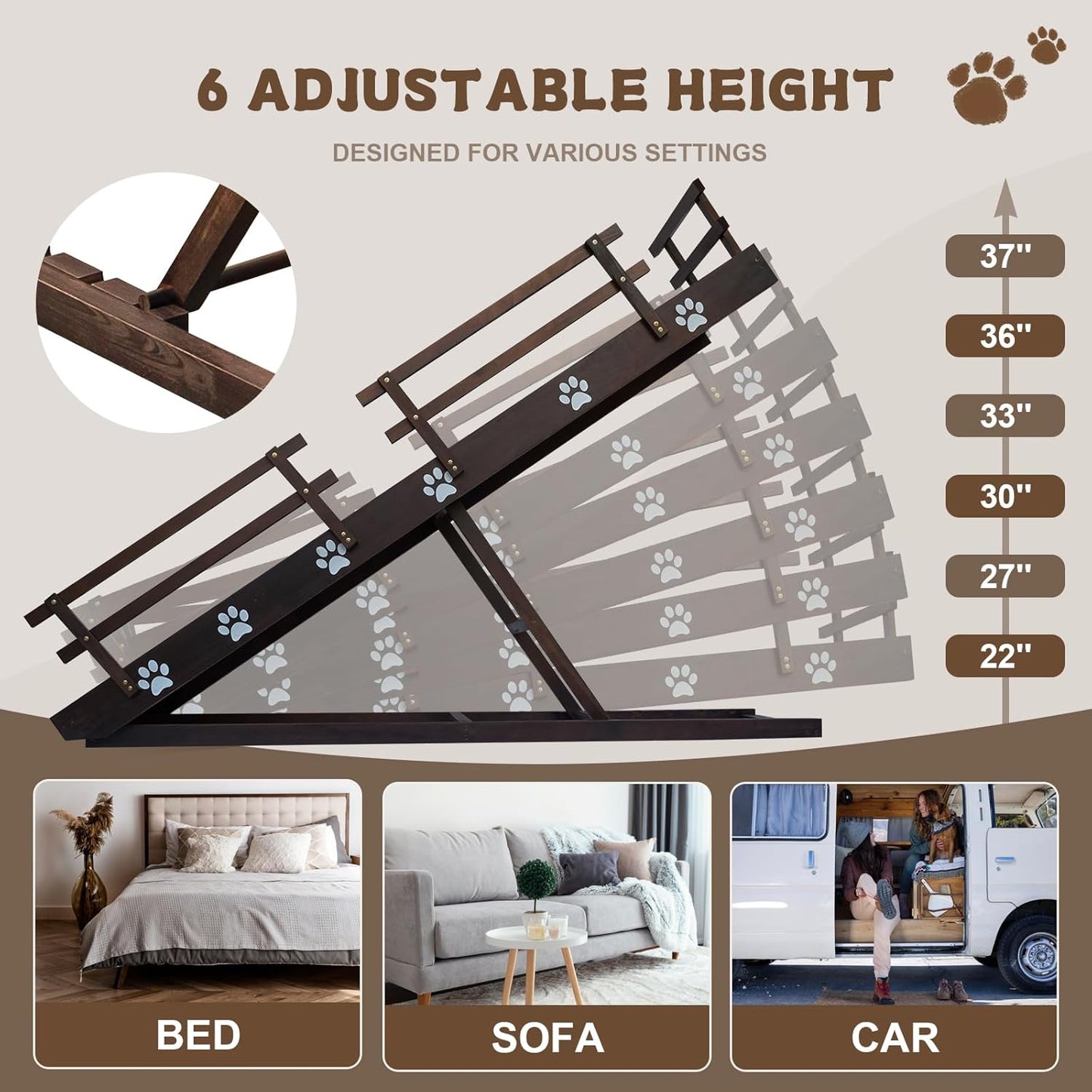 Efficraft Inch Dog Ramp, 6 Level Adjustable Height Folding Pet Ramp for High Beds, Elevates Up to 37 Inches - Portable for Senior Medium & Large Dogs and Cats