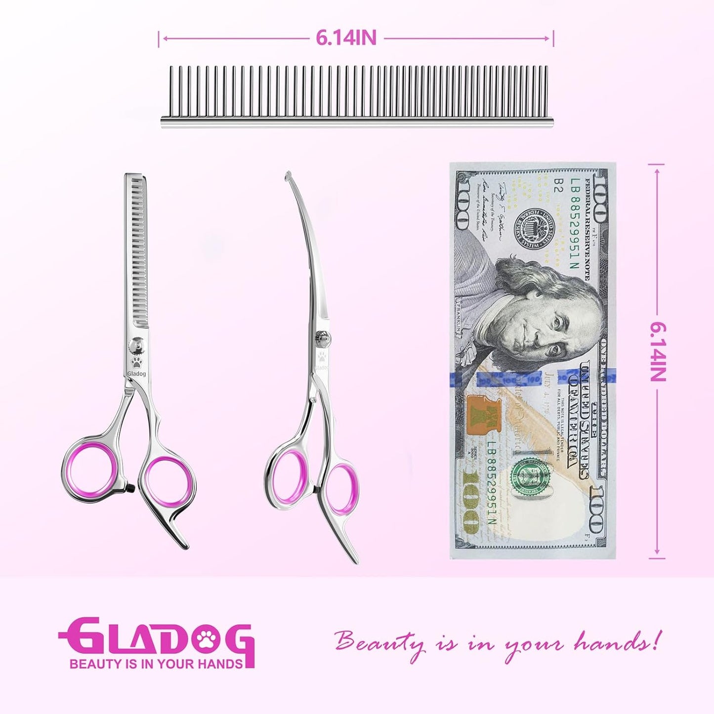 GLADOG Professional 4 in 1 Dog Grooming Scissors Set with Safety Round Tips, Sharp and Heavy-duty Pet Grooming Shears for Cats (Pink)