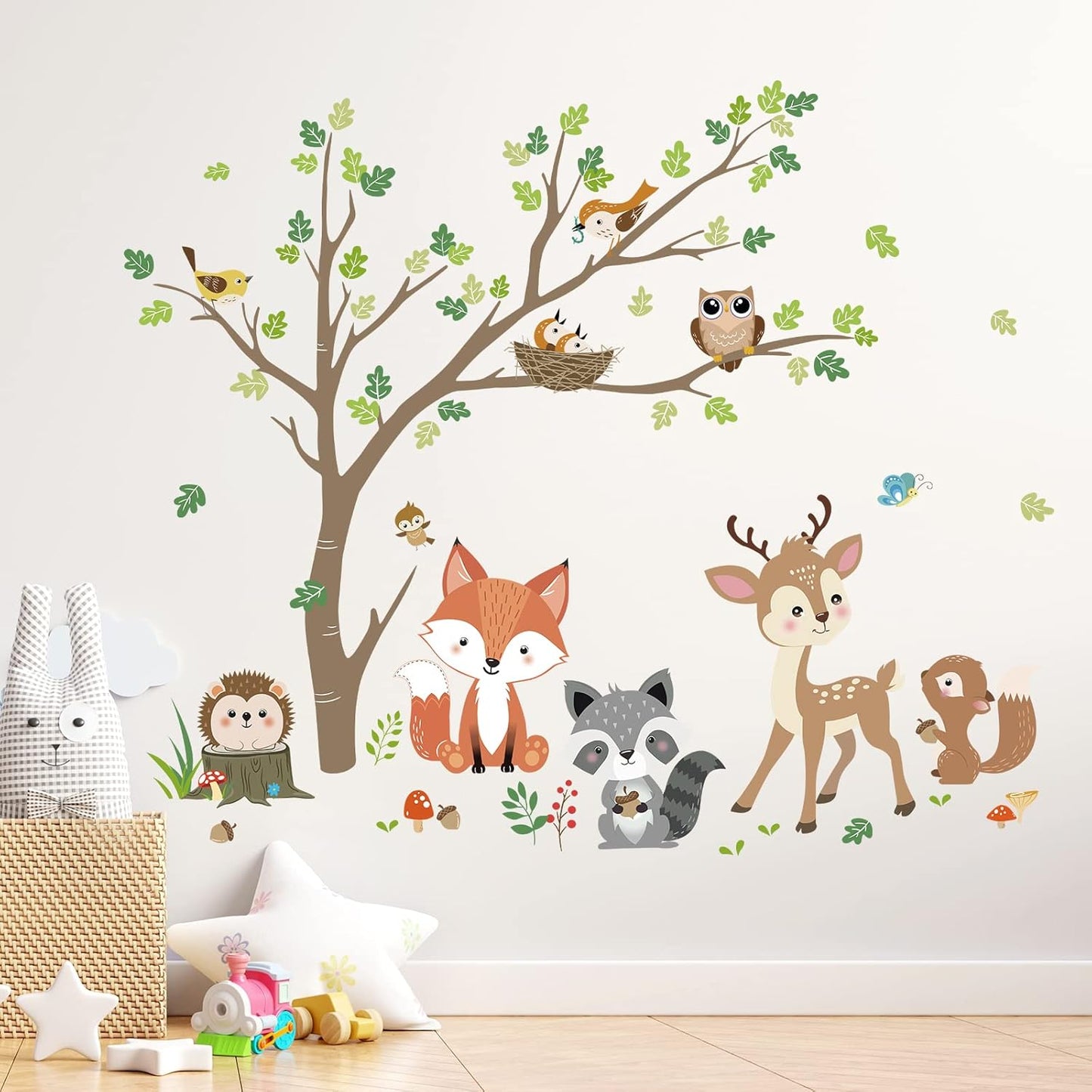 decalmile Woodland Animals Tree Wall Stickers Fox Deer Owl Wall Decals Baby Nursery Kids Bedroom Living Room Wall Decor
