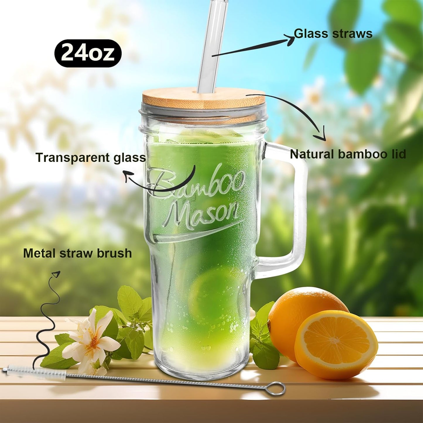ANOTION Glass Cups with Lids and Straws - 24oz Tumbler with Handle Coffee Cups Glass Straws Glasses Mason Jar Cups Drinking Set Kitchen Essentials Coffee Bar Accessories House Warming Gifts New Home