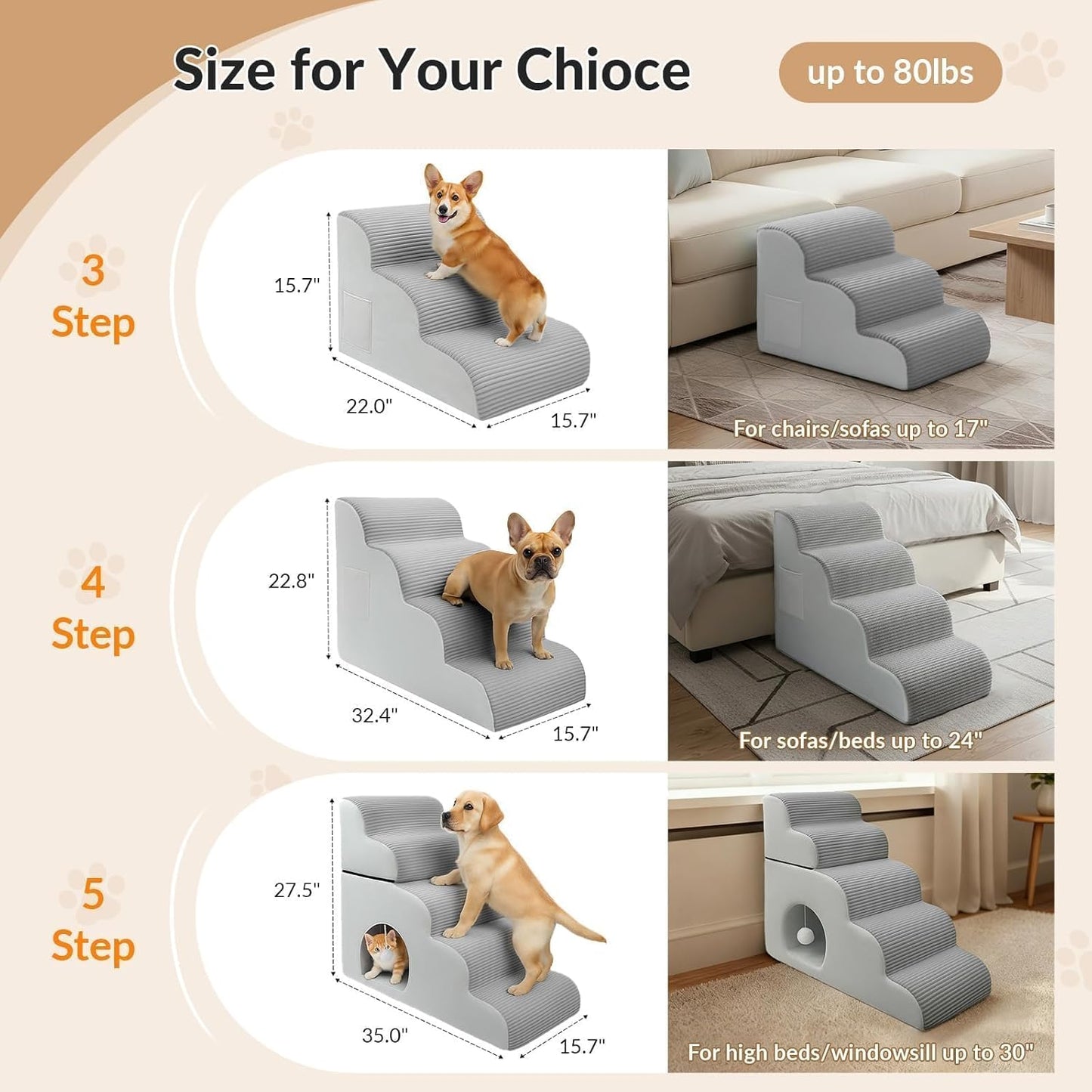 Dog Stairs for Bed Up to 24" H, Extra Height 22.8" 4-Step Pet Steps for Small Dogs and Cats, Non-Slip Sturdy Dog Ramp with Anti-Tip Safety Strap and Washable Cover,Balanced Ramp Indoor Pet Stairs