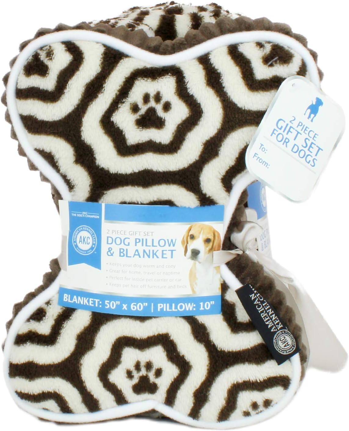 American Kennel Club 60''x50'' Pet Blanket & 10'' Pillow Set, Warm Plush Blanket for Dogs & Cats - Paw Print - Brown