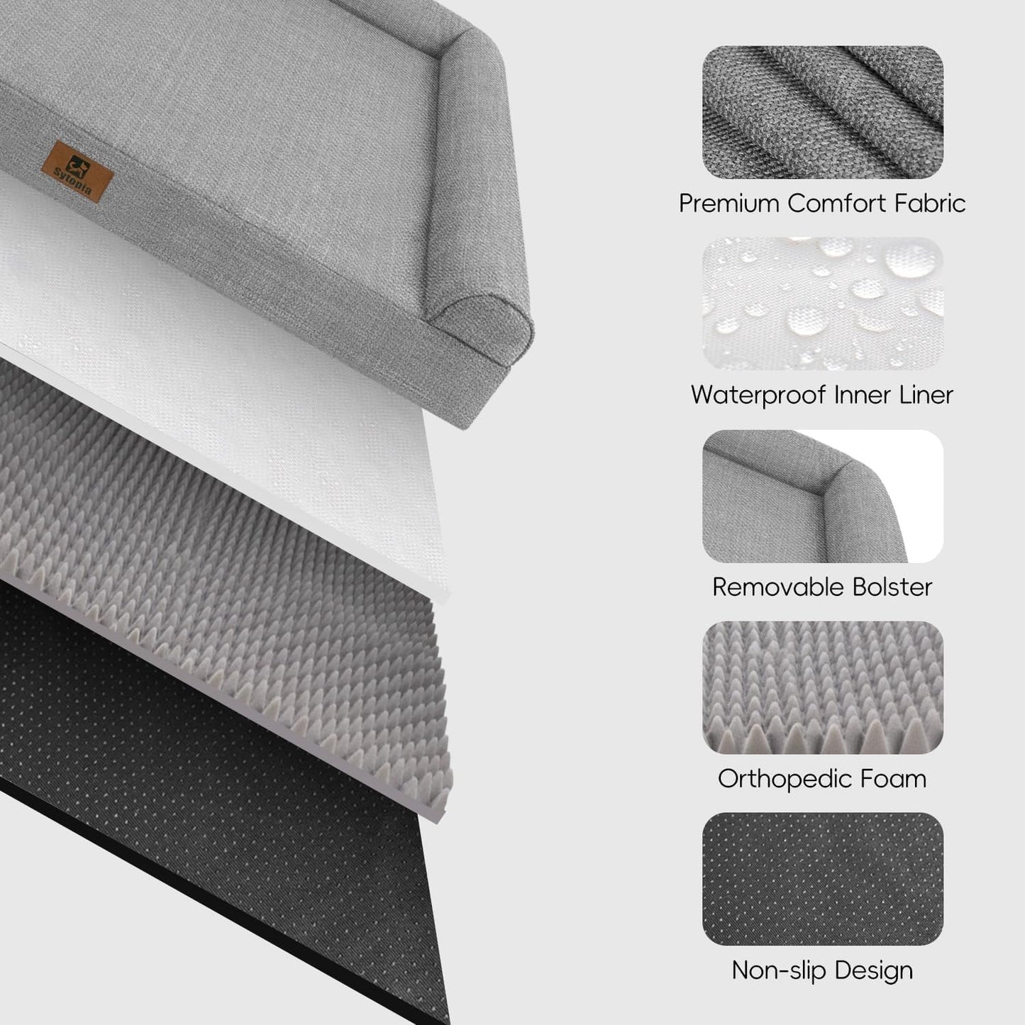 Sytopia 42 Inch Indestructible Dog Beds for Large Dogs, Big Chew Proof Orthopedic Egg Crate Foam Pet Bed with Washable Removable Cover and Anti-Slip Bottom, Grey