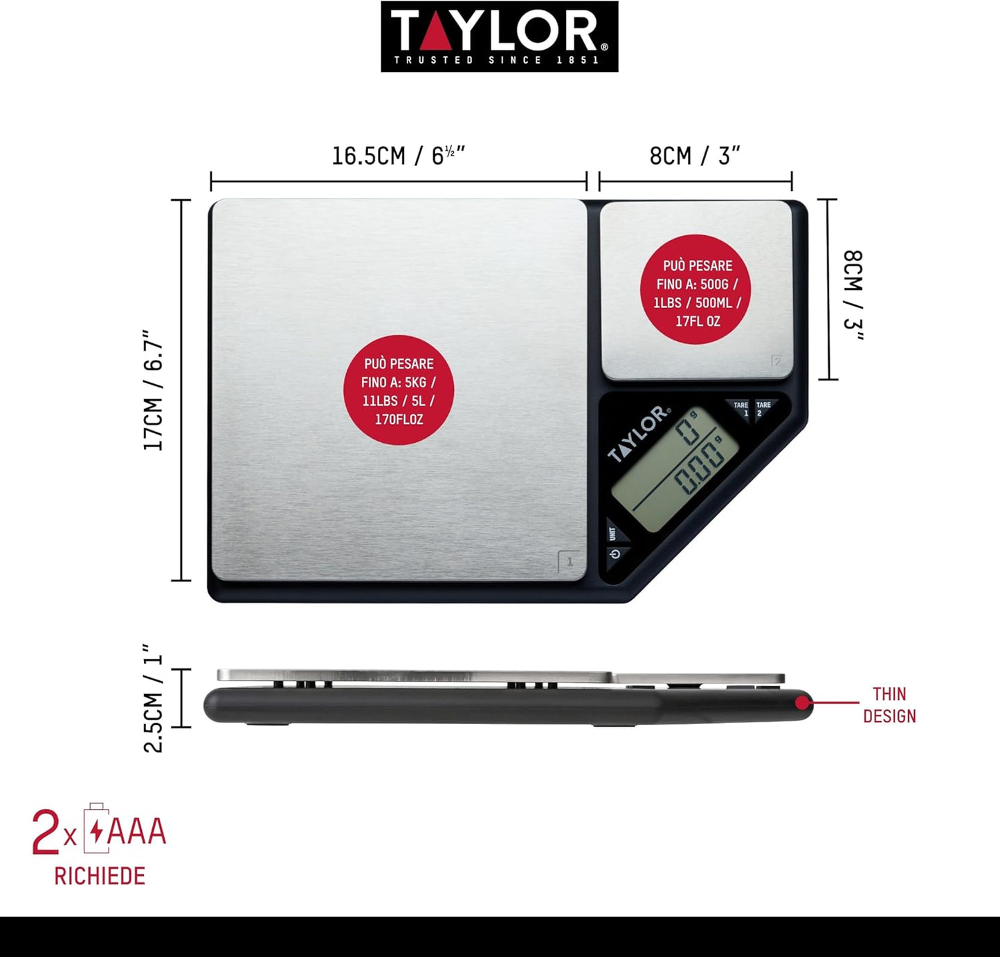 Taylor KitchenCraft Digital Kitchen Scale Dual Platform, Pro Professional Standard, Precision Accuracy and Tare Function, Brushed Stainless Steel, 5kg Capacity Black/Silver