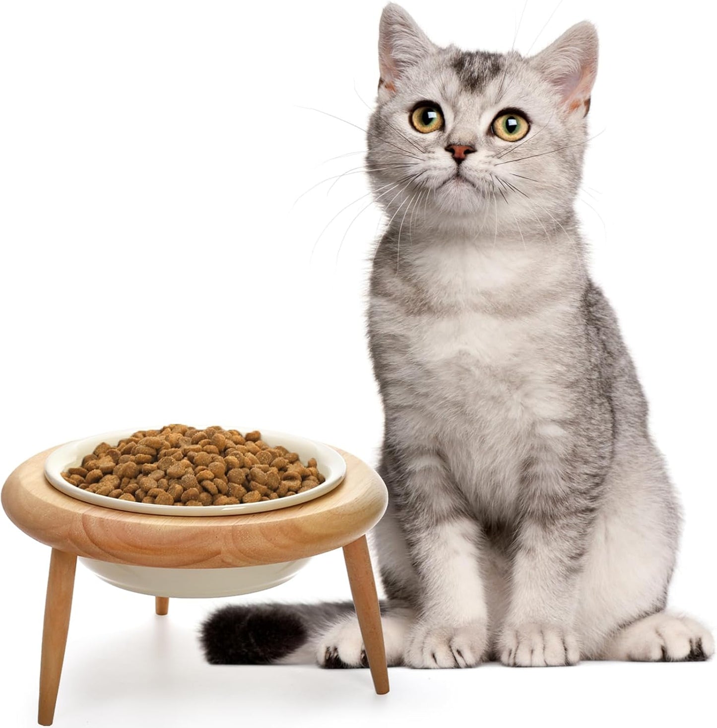 DEAYOU Ceramic Cat Bowl Adjustable, Tilted Elevated Raised Pet Dish, No Spill Pet Food Water Feeder, Slanted Dog Bowl with Wood Stand for Kitty, Pet Supplies, Stress Free, 600 ML/20 OZ, Cream White