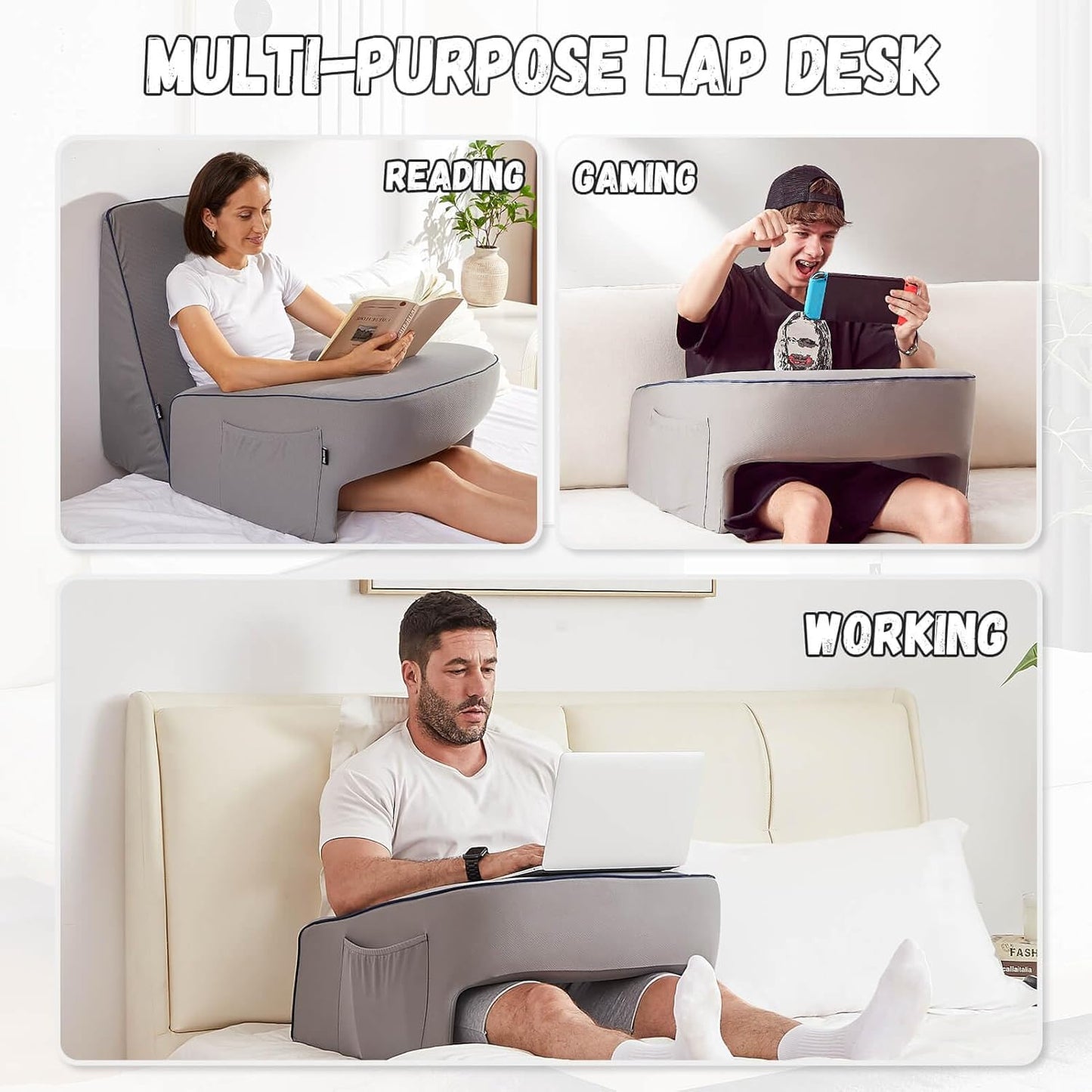 Reading Pillow with Armrests – Extra Large Memory Foam Gaming Pillow for Adult, Lap Desk for Laptop, Arm Rest for Working, Crocheting, Playing Game or Siting in Bed, Floor, Sofa, (Grey)