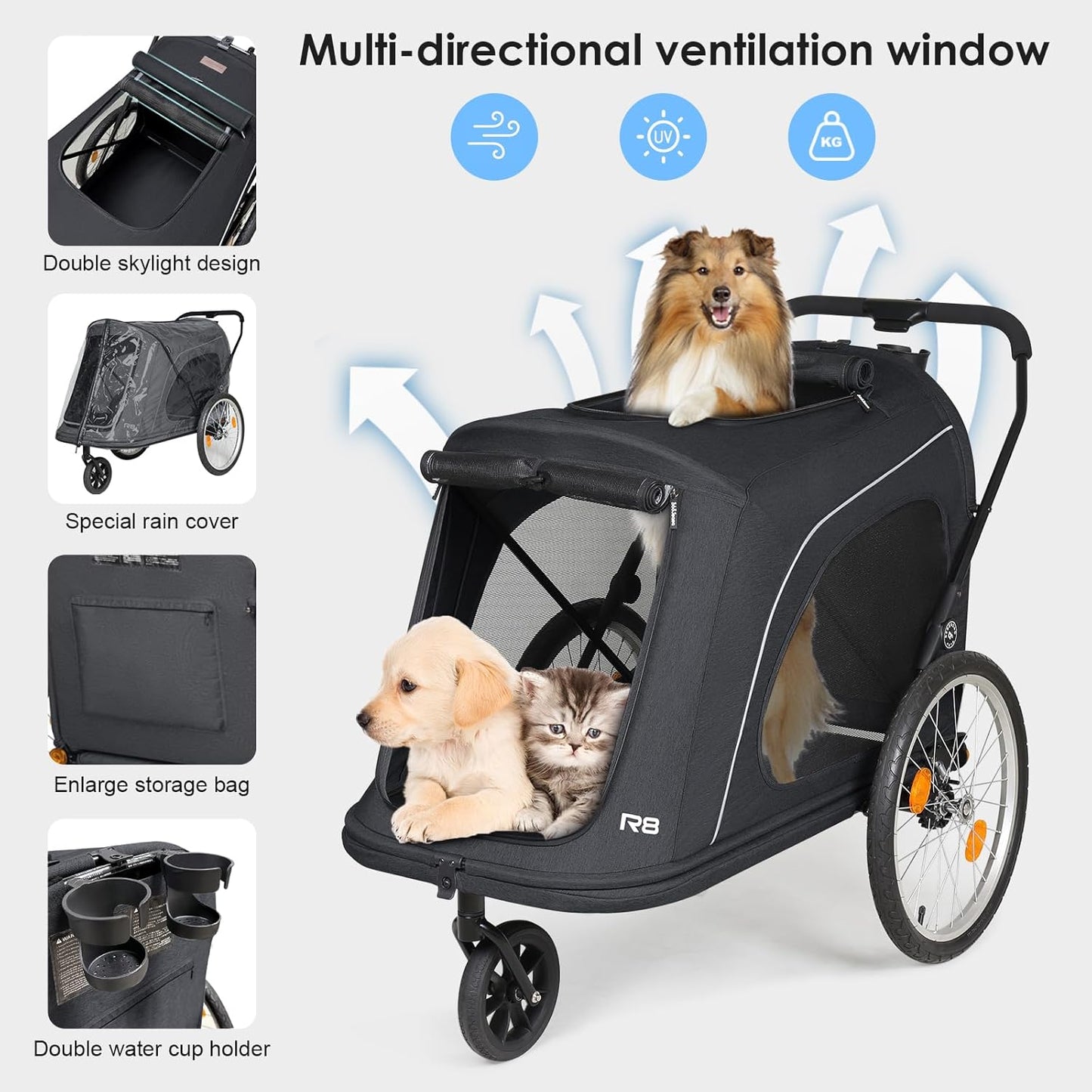 R8 Extra Large Foldable Pet Stroller, Dog Stroller & Pet Trailer for Large Dogs Under 100 lbs, Unmovable, Disabled & Pregnant Dogs - Conveniently Carriable by Bike and Car, Black