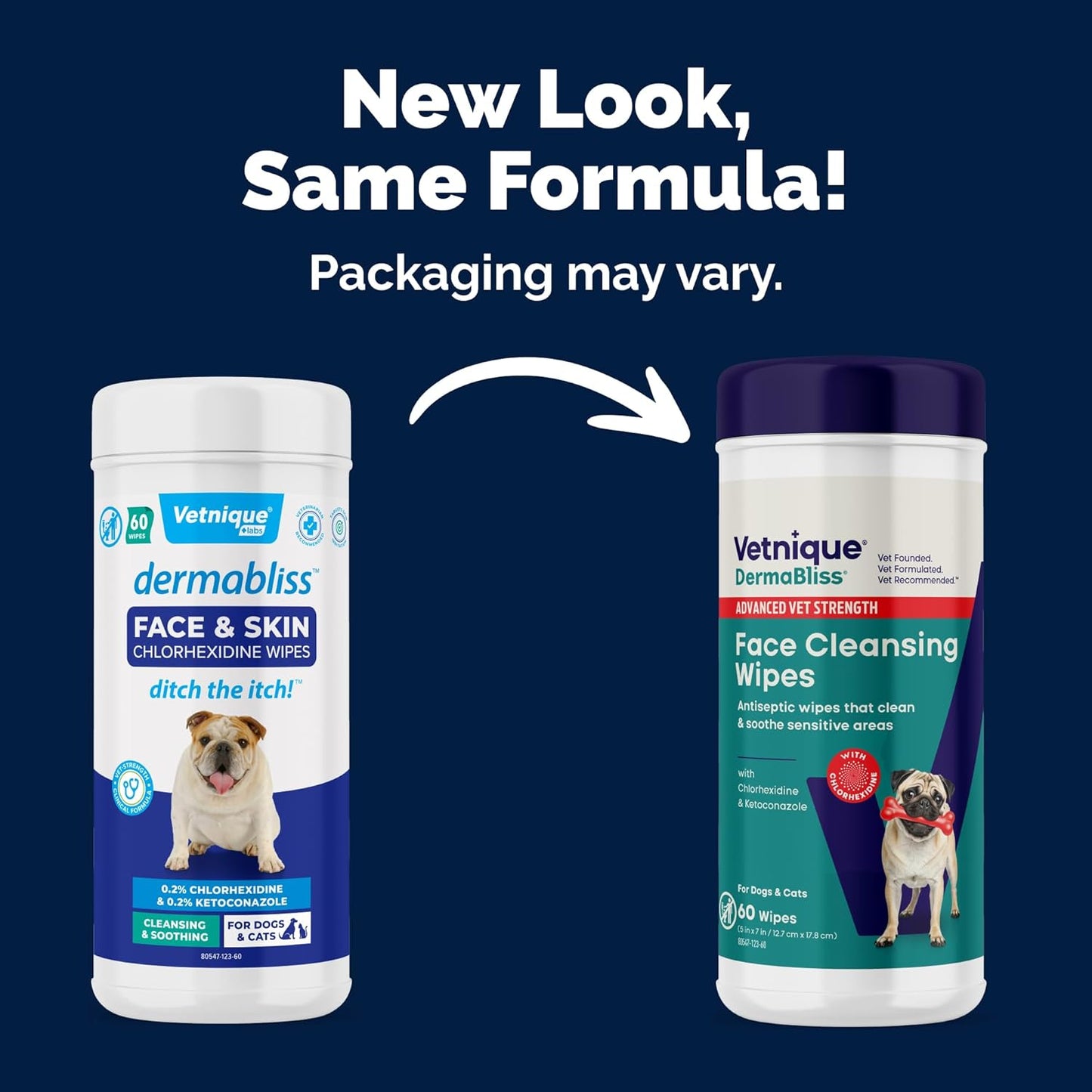 Vetnique Dermabliss Dog Face Wipes - Medicated Chlorhexidine Wipes for Dogs with Wrinkles, French Bulldog, English Bulldog Dog Grooming Wipes Cleaning & Deodorizing Dog Wipes