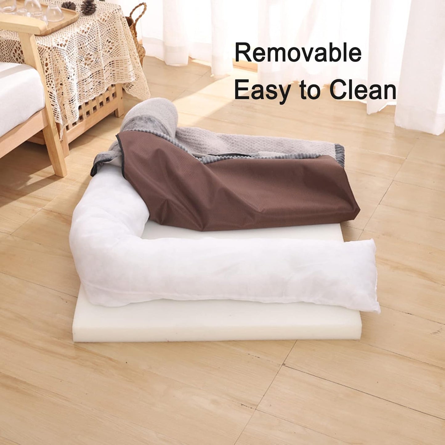 Pet Dog Bed Orthopedic Coral Fleece Furniture Cover with Anti-Slip Back Suitable for Sofa Super Soft Plush Dog Couch Protector with Memory Foam Neck Bolster for Dogs and Cats Washable (Beige Large)