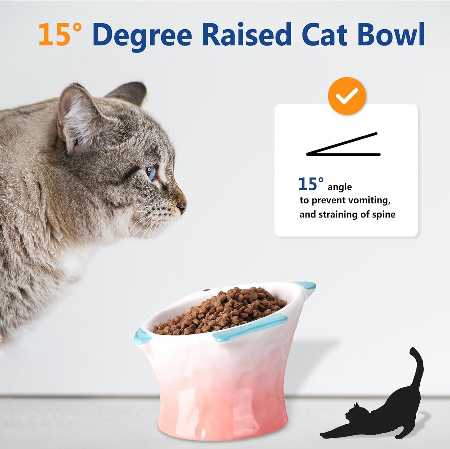 Tioncy 2 Pcs Raised Tilted Ceramic Cat Food Bowl Fish Shape Cute Elevated Slanted Shallow Angled Cat Dish Non Slip Feeder Bowl for Anti-Vomiting and Whisker Fatigue(Blue, Pink)