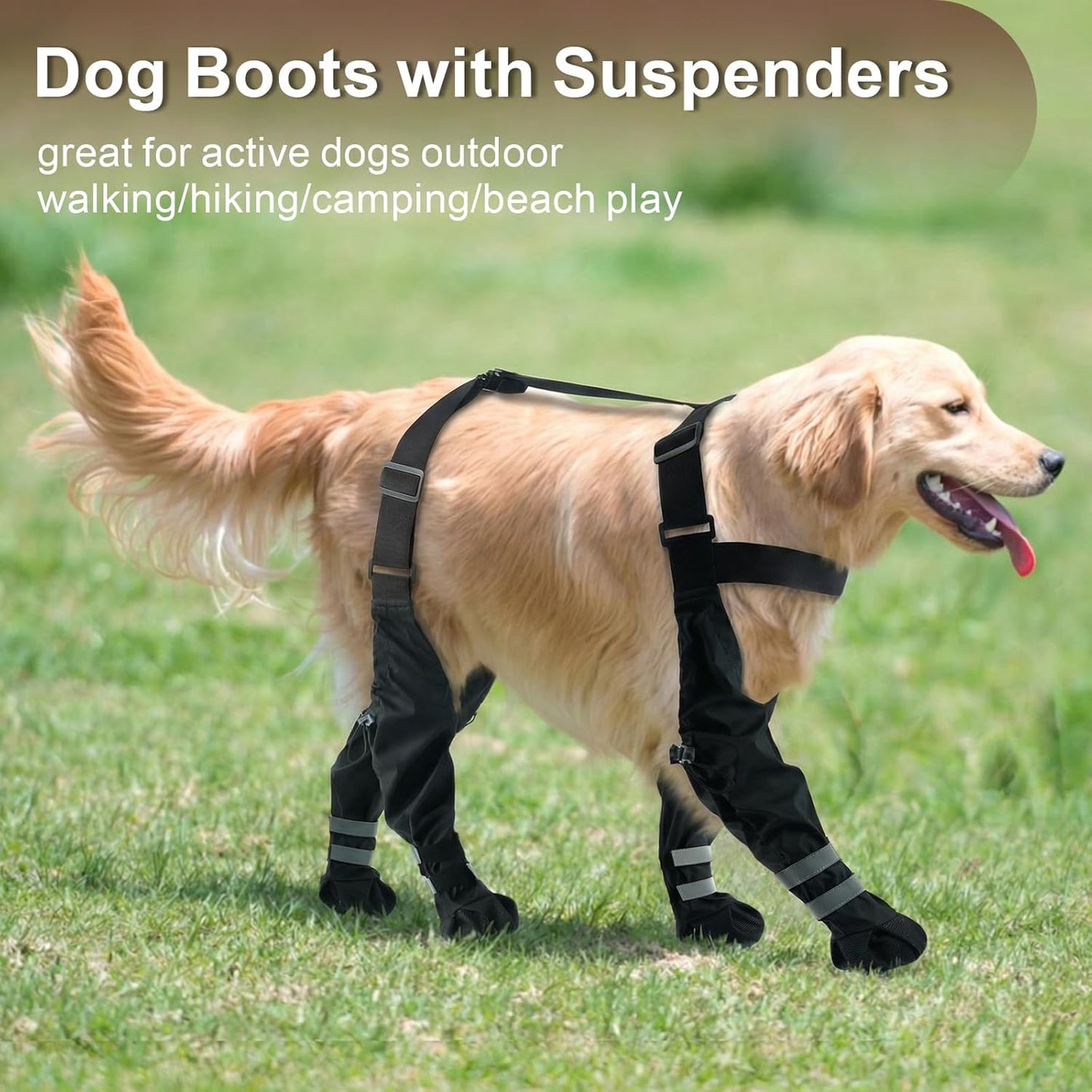 Dog Suspender Boots, Waterproof Dog Boots& Paw Protectors, Winter Snow Boot for Large Dogs, Stay-On Anti Dirt Legging Shoes for Rain & Mud, Reflective Anti-Slip Booties for Hiking, Black XXL