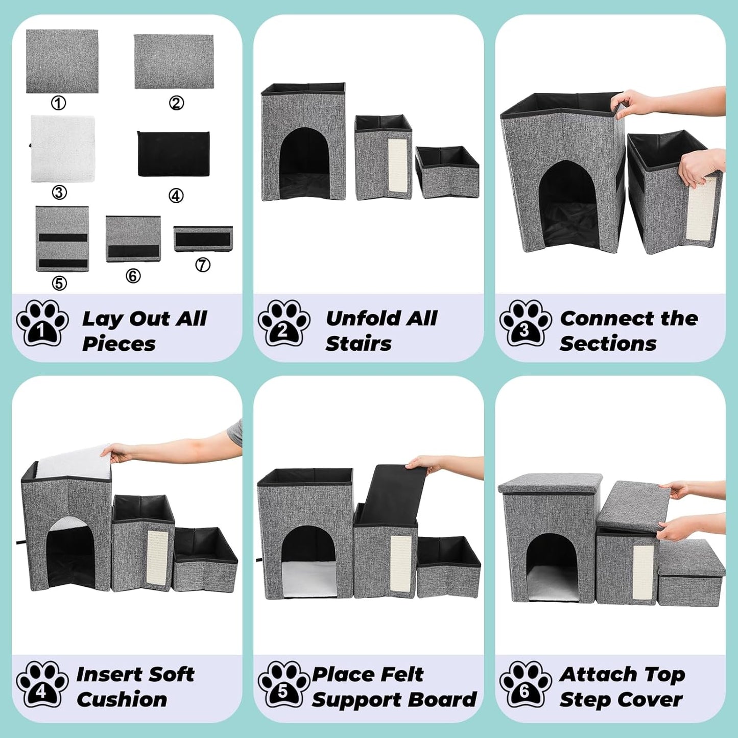 Dog Stairs for Small Dogs, 3 Tiers Dog Step with Storage, Foldable Older Cat Ramp with Condo Cat Scratcher, Portable Pet Ladder for High Bed Couch Chair Car, Up to 165 Lbs, 17 Inch