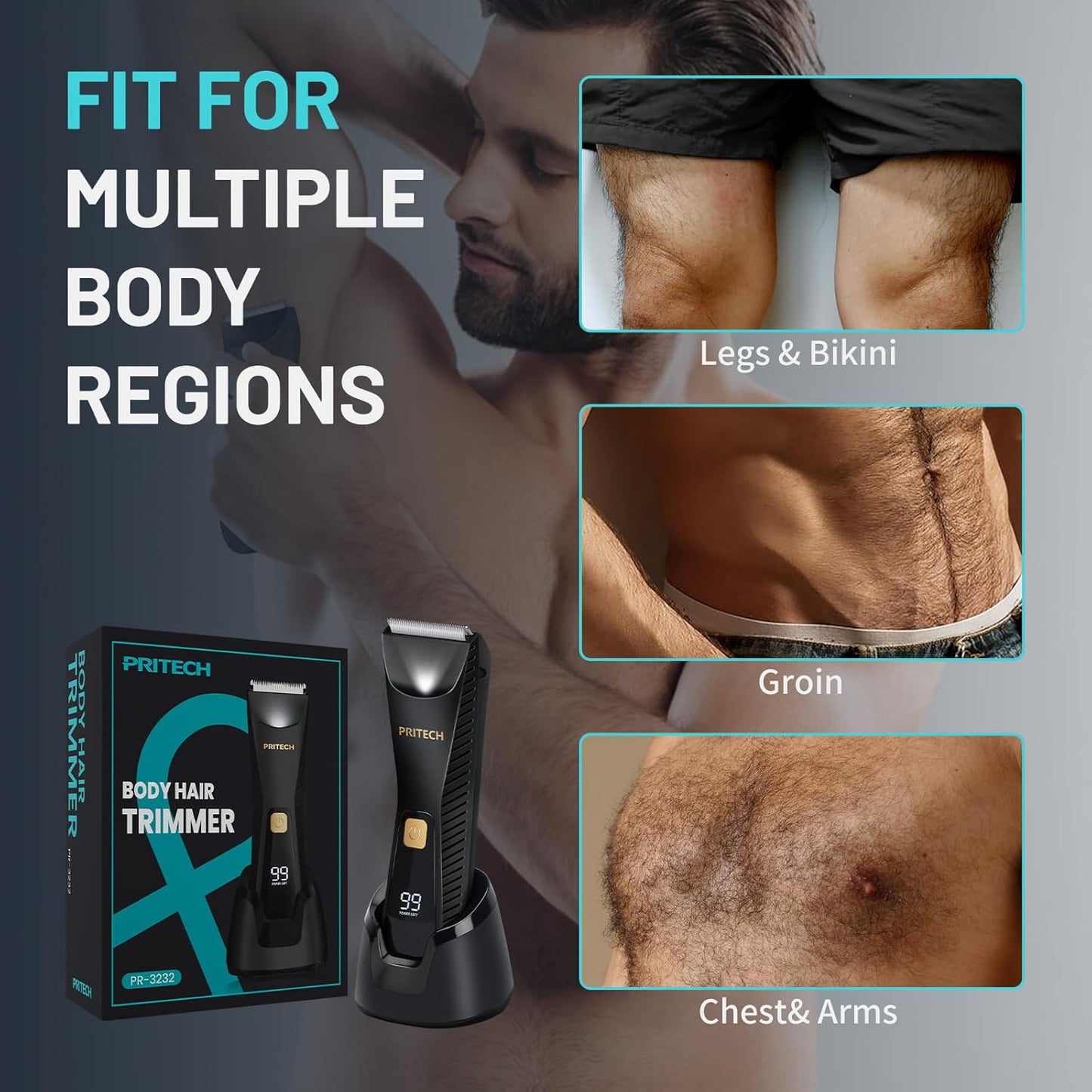 PRITECH Manscape Body Hair Trimmer for Men - Waterproof Pubic Hair Ball Trimmer, Ceramic Blade Electric Body Shavers for Men with USB-C Charging, Wet & Dry Use & Nick-Free Razor, Sensitive Skin Safe