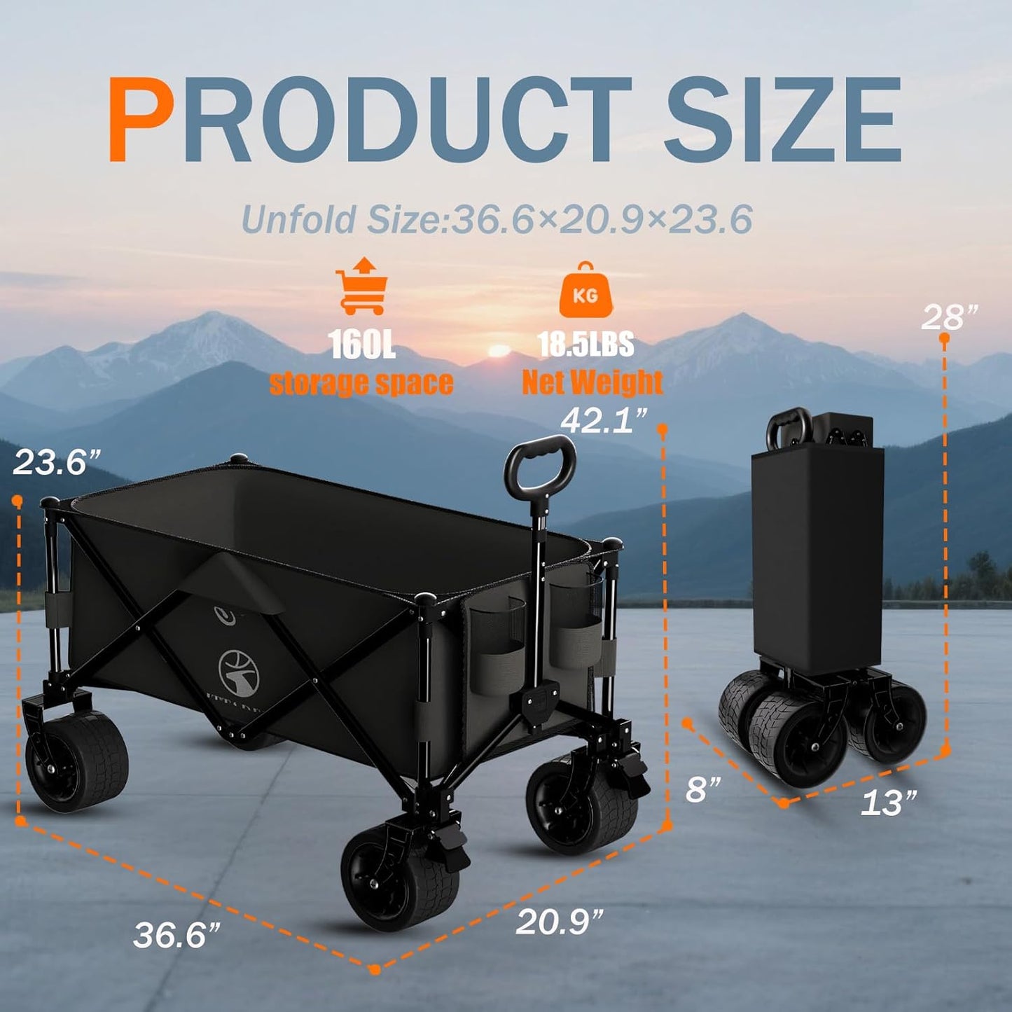 Wagons carts Foldable with Silent All-Terrain Wheels, Collapsible Heavy Duty Beach Wagon with Cup Holders and Brakes, Large Foldable Wagon for Camping,Garden,Shopping,Sports Black