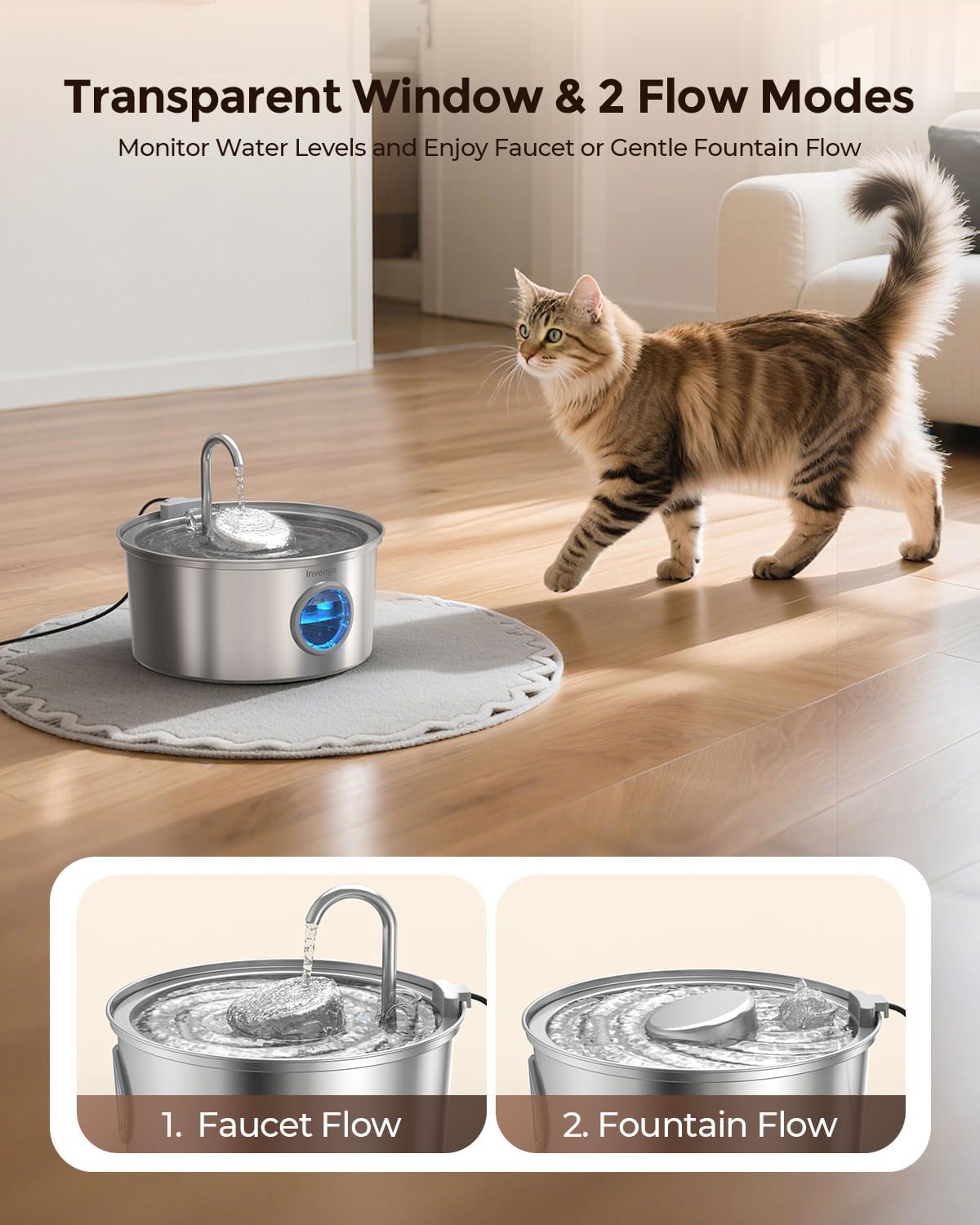 Cat Water Fountain Stainless Steel, 108oz/3.2L Pet Fountain with Large Water Level Window, Ultra Quiet Automatic Cat Water Dispenser for Cats and Dogs, 2 Flow Modes, Splash-Proof Design