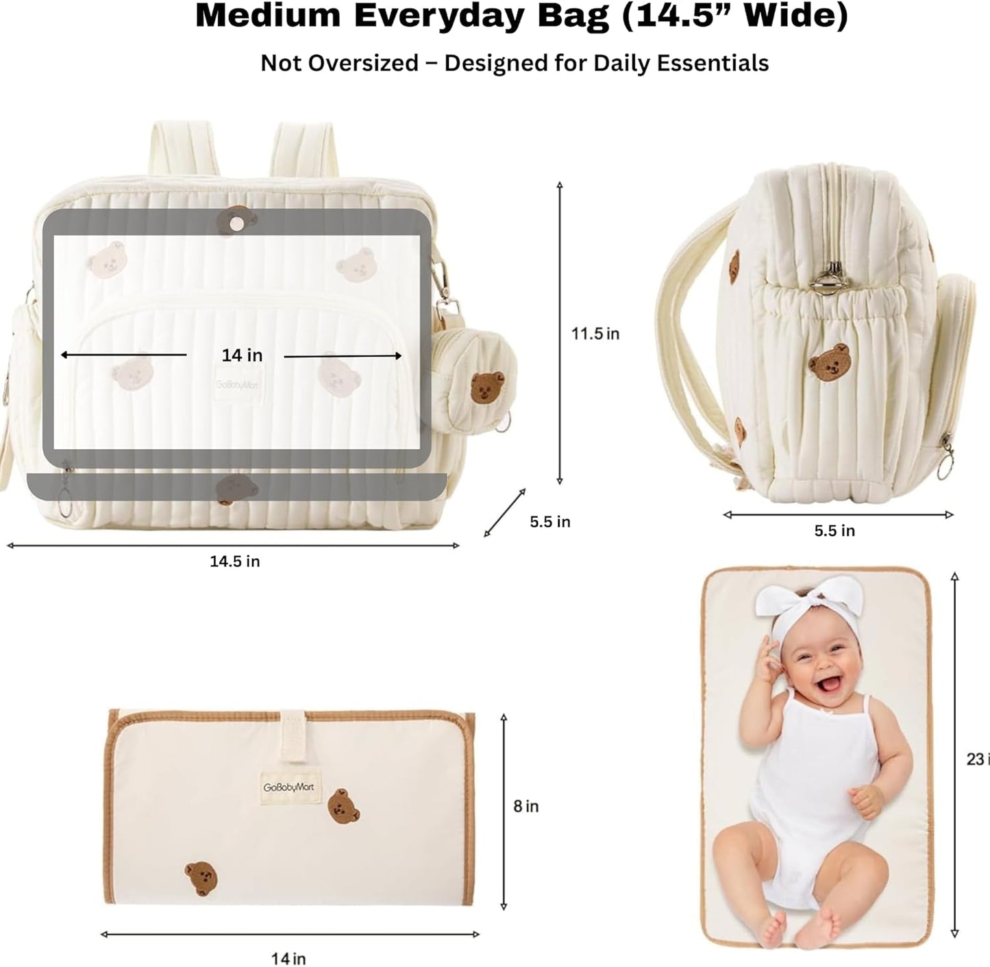 Diaper Bag Backpack, Medium Maternity baby bag & Changing Pad, Insulated Pockets, Stroller Straps & Pacifier Case (Medium - Beige Bears)