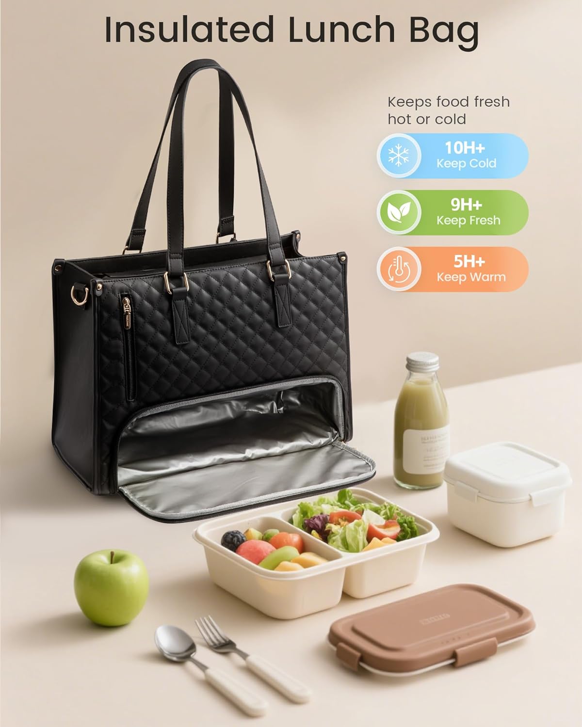 LOVEVOOK Lunch Tote Bag for Women, 15.6 Inch Laptop Bag with Insulated Lunch Compartment, Quilted Large Capacity Computer Handbag with Purse for Business, Work, Nurse, Office, Collage, Casual, Black
