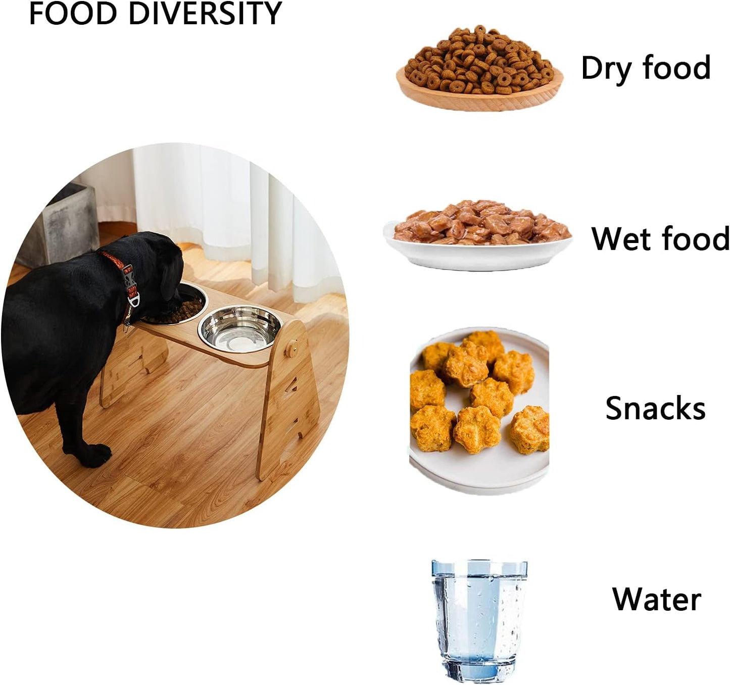 Elevated Dog Bowls, Adjustable Raised Dog Bowls for Dogs Cats, Durable Bamboo Dog Food Bowl Stand Dog Feeder, 4 Heights, 3.1in, 6.7in, 7.9in, 11.8in