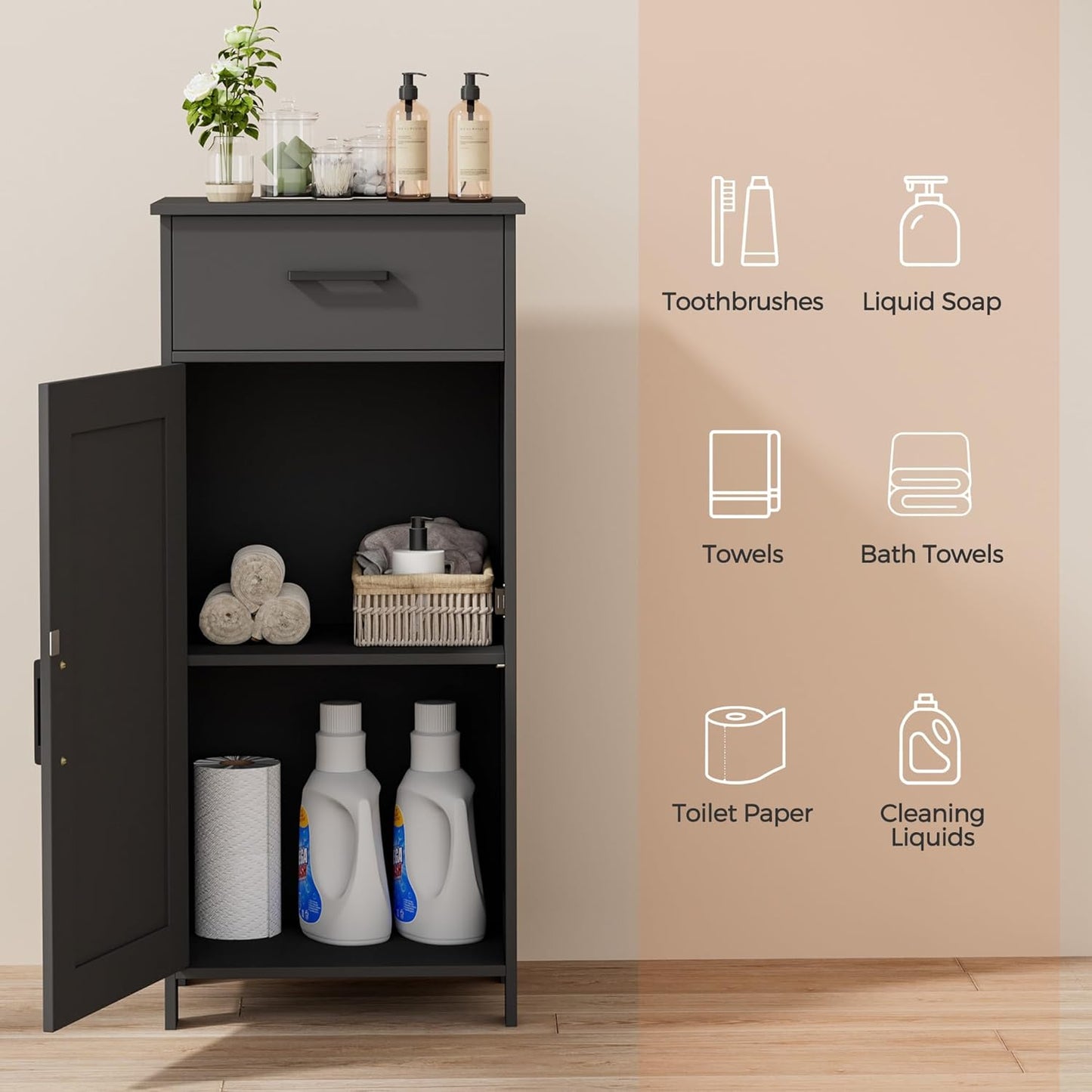 Homhedy 35.4" H Bathroom Cabinet with Drawer, Bathroom Organizers and Storage, Adjustable Shelves, Floor Cabinet for Living Room, Entryway, Kitchen, Black, (15.7" W)