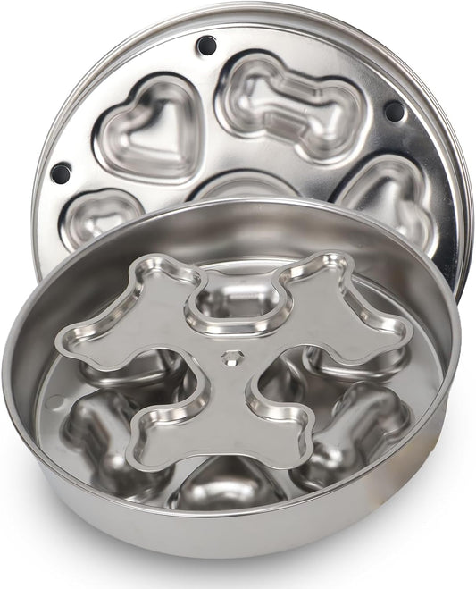 Slow Feeder Dog Bowl Stainless Steel - Double-Sided Rotating Puzzle Design, 2 Cup Capacity for Medium & Large Dogs, Anti-Choking, Non-Slip Base, Dishwasher Safe