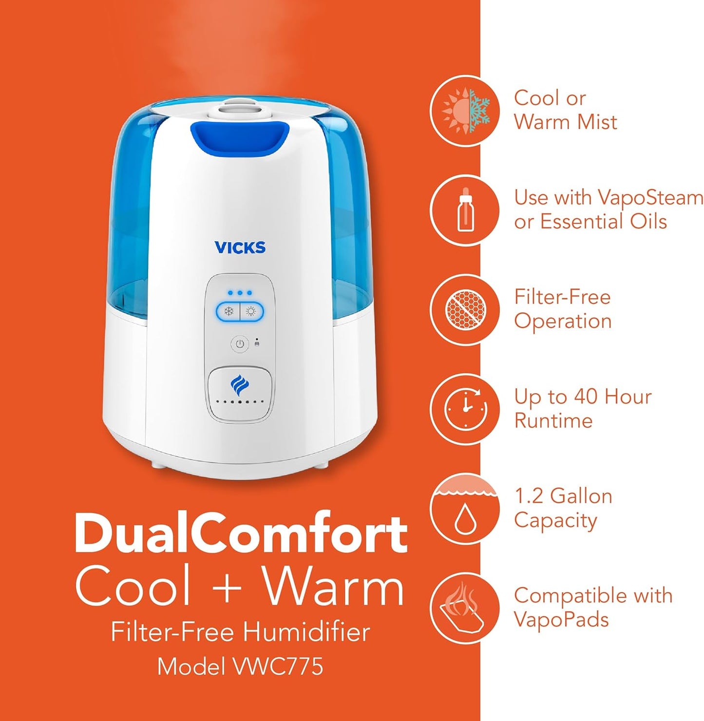 Vicks Dual Comfort Cool + Warm Mist Humidifier for Bedrooms With Fusion Technology, Compatible with Vicks VapoPads and Vicks VapoSteam, White